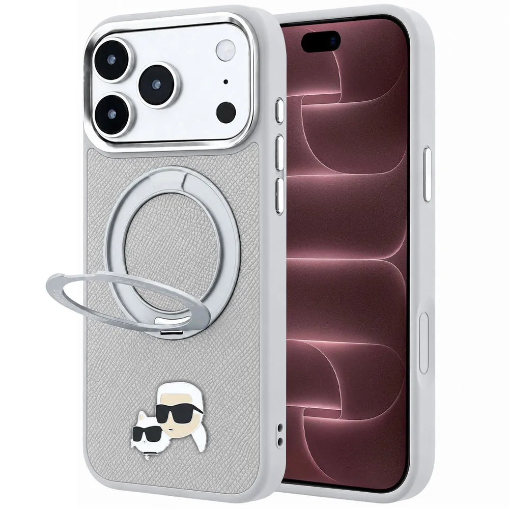 Custodia MagSafe per Apple iPhone 18 Pro Max / 17 Pro Max, Karl Lagerfeld, Ring Stand 360 Karl & Choupette Pin, Grigia - immagine 1