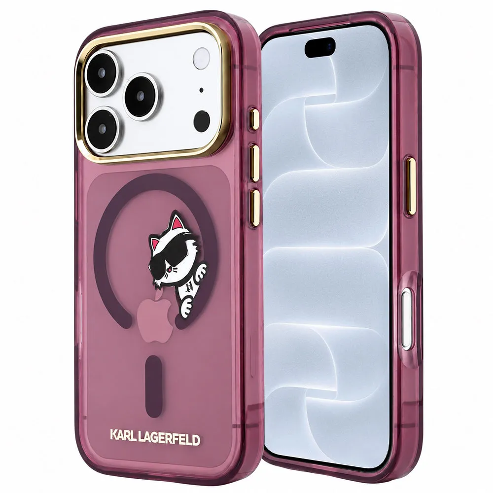 Custodia MagSafe per Apple iPhone 18 Pro / 17 Pro, Karl Lagerfeld, IML Peekaboo Print and Metal Frame, color bordeaux - immagine 1