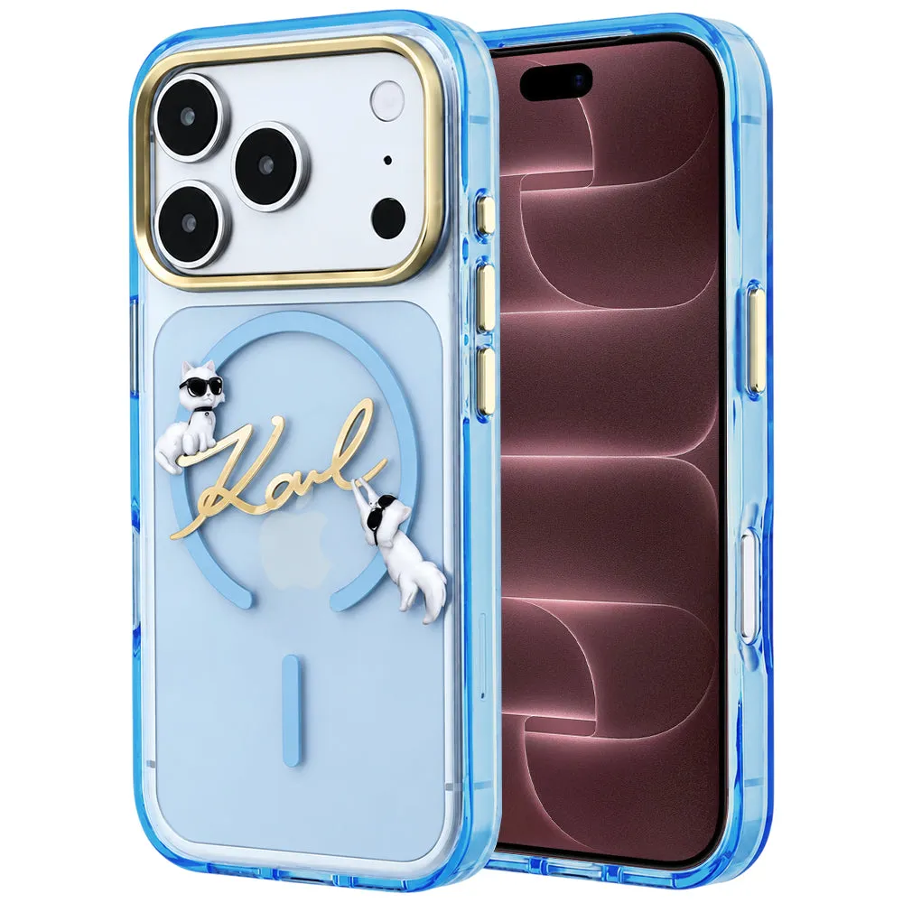 Custodia MagSafe per Apple iPhone 18 Pro Max / 17 Pro Max, Karl Lagerfeld, IML Choupette Karl Script Logo, blu - immagine 1