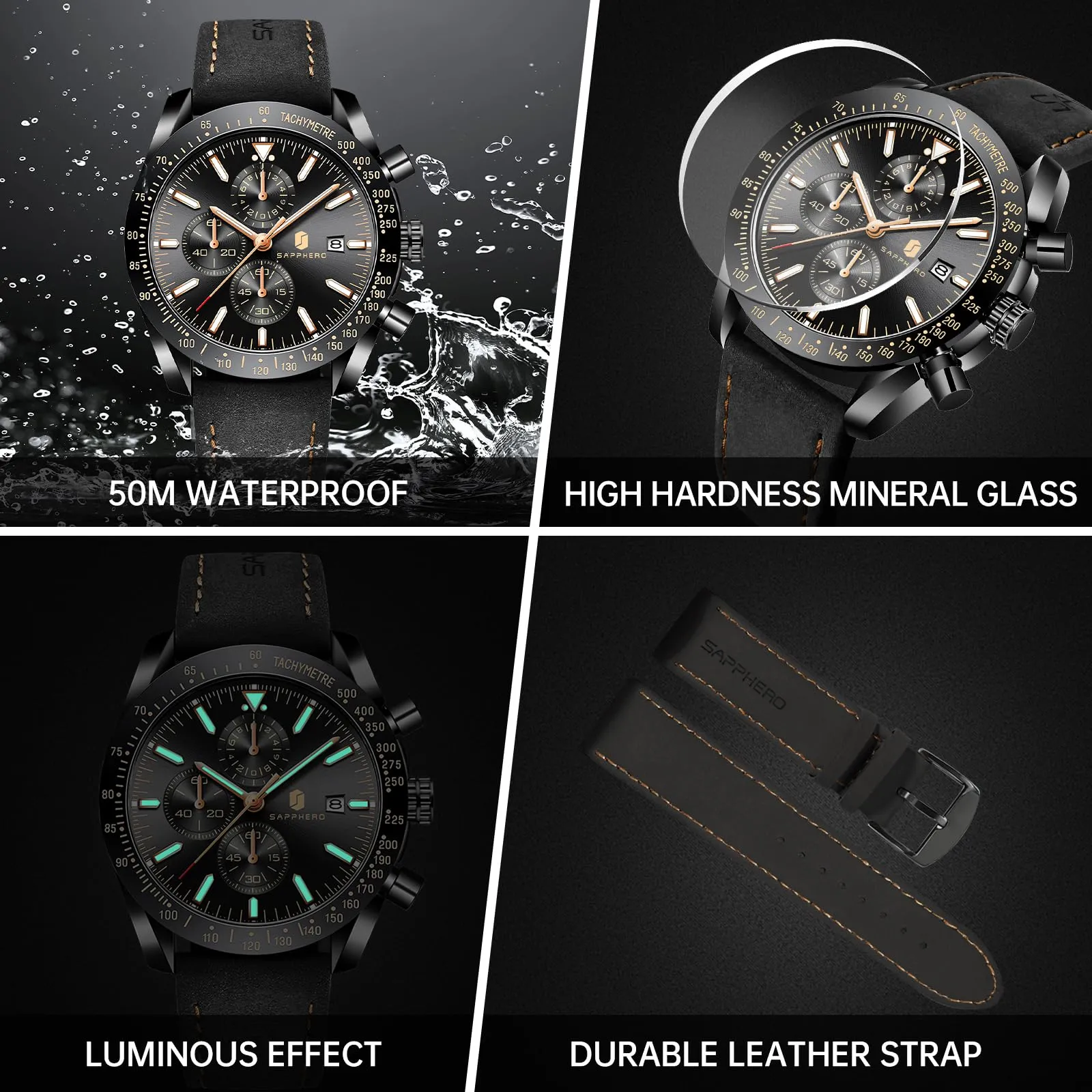 BENYAR BY Orologio Uomo Cronografo Analogico al Quarzo Impermeabile Luminoso Designer Orologi Cinturino Pelle Elegante Orologio Regalo per Uomo - immagine 4