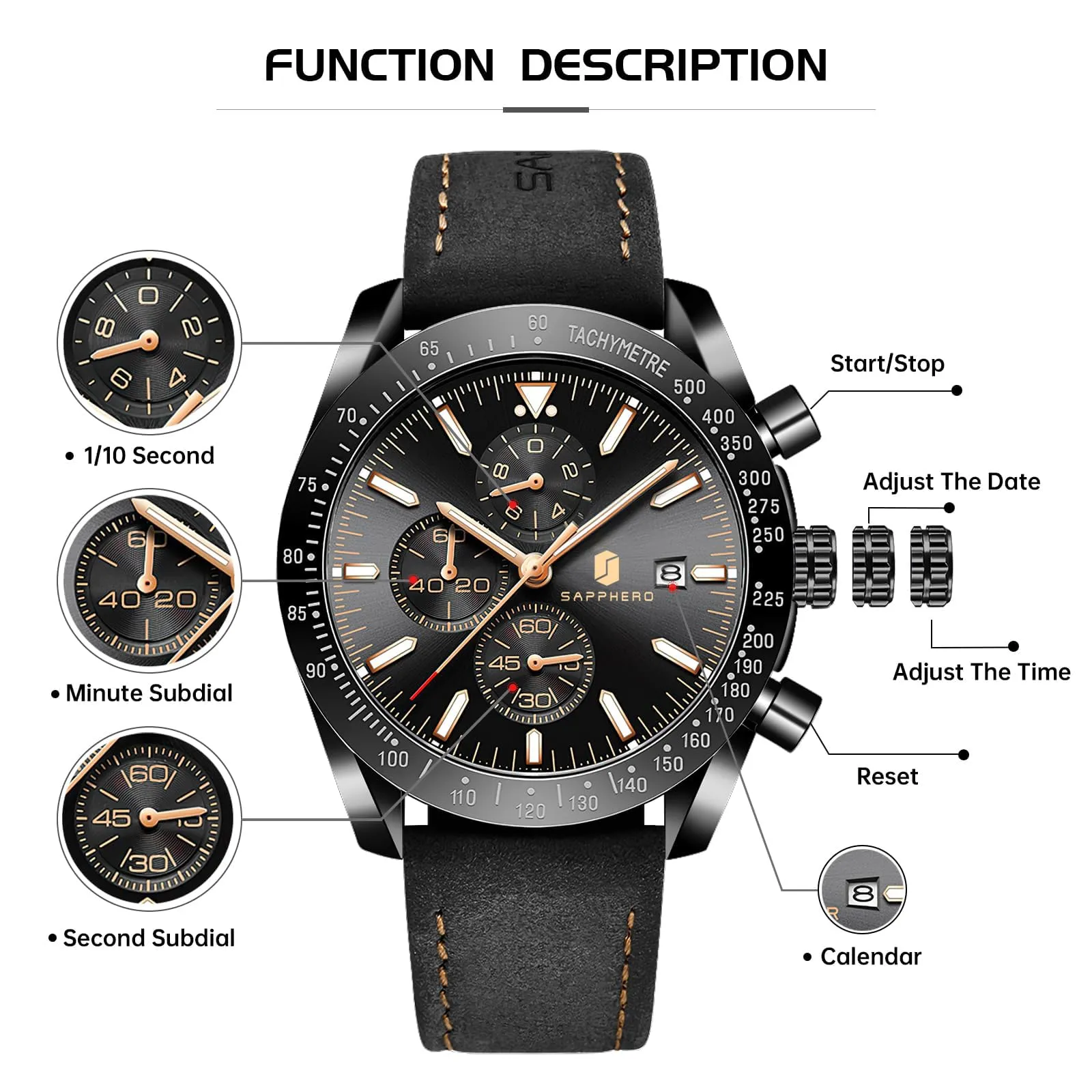BENYAR BY Orologio Uomo Cronografo Analogico al Quarzo Impermeabile Luminoso Designer Orologi Cinturino Pelle Elegante Orologio Regalo per Uomo - immagine 5