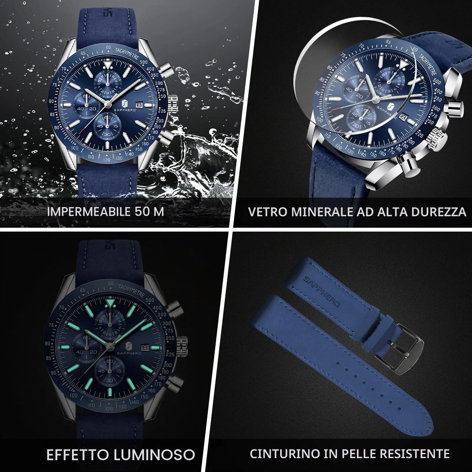 BENYAR BY Orologio Uomo Cronografo Analogico al Quarzo Impermeabile Luminoso Designer Orologi Cinturino Pelle Orologio Regalo per Uomo - immagine 4