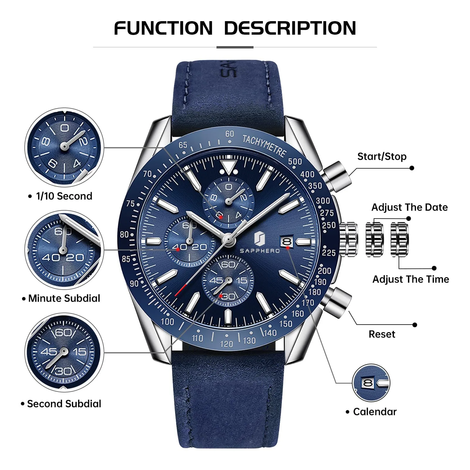 BENYAR BY Orologio Uomo Cronografo Analogico al Quarzo Impermeabile Luminoso Designer Orologi Cinturino Pelle Orologio Regalo per Uomo - immagine 5
