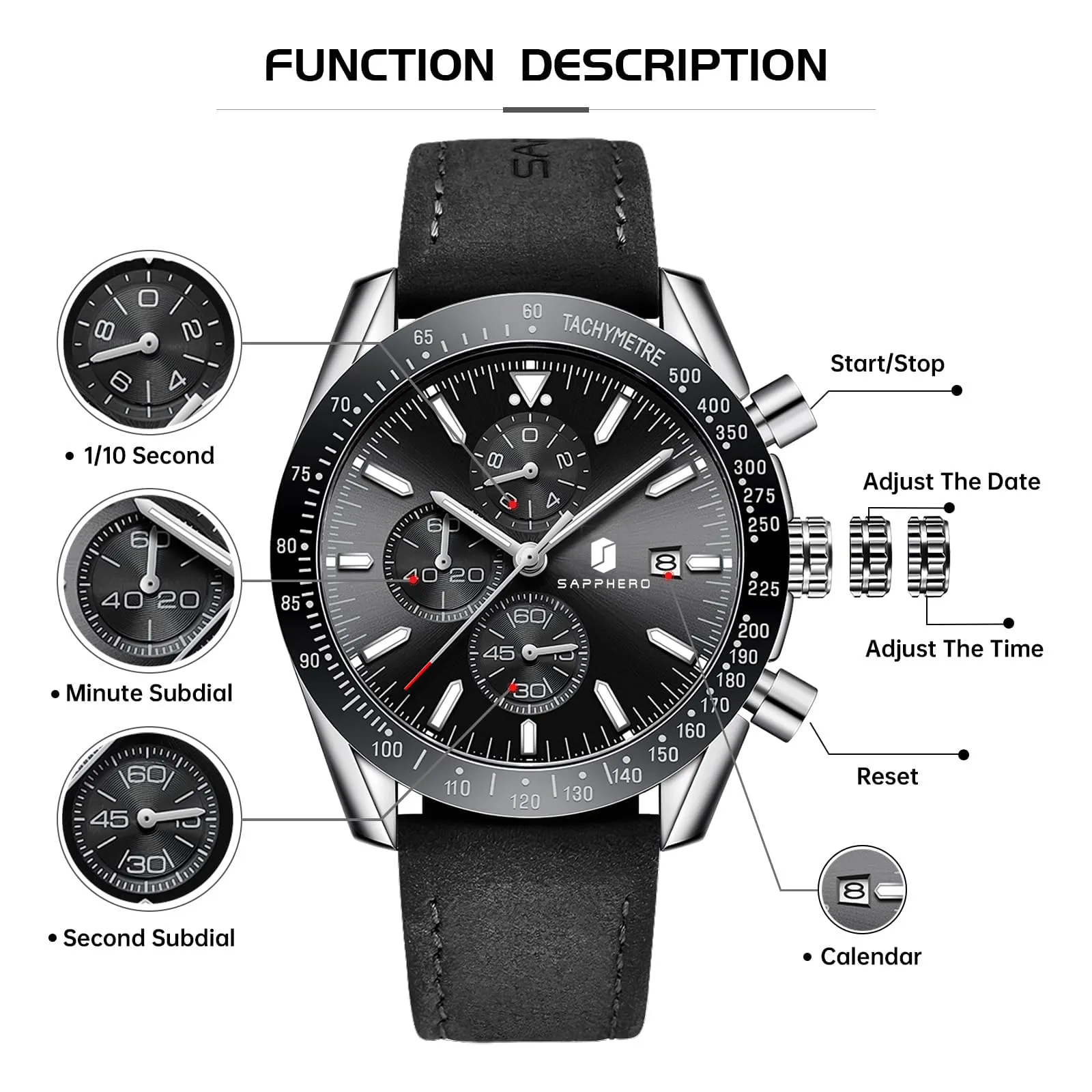 BENYAR BY Orologio Uomo Cronografo Analogico al Quarzo Impermeabile Luminoso Designer Orologi Cinturino Pelle Orologio Regalo per Uomo - immagine 5