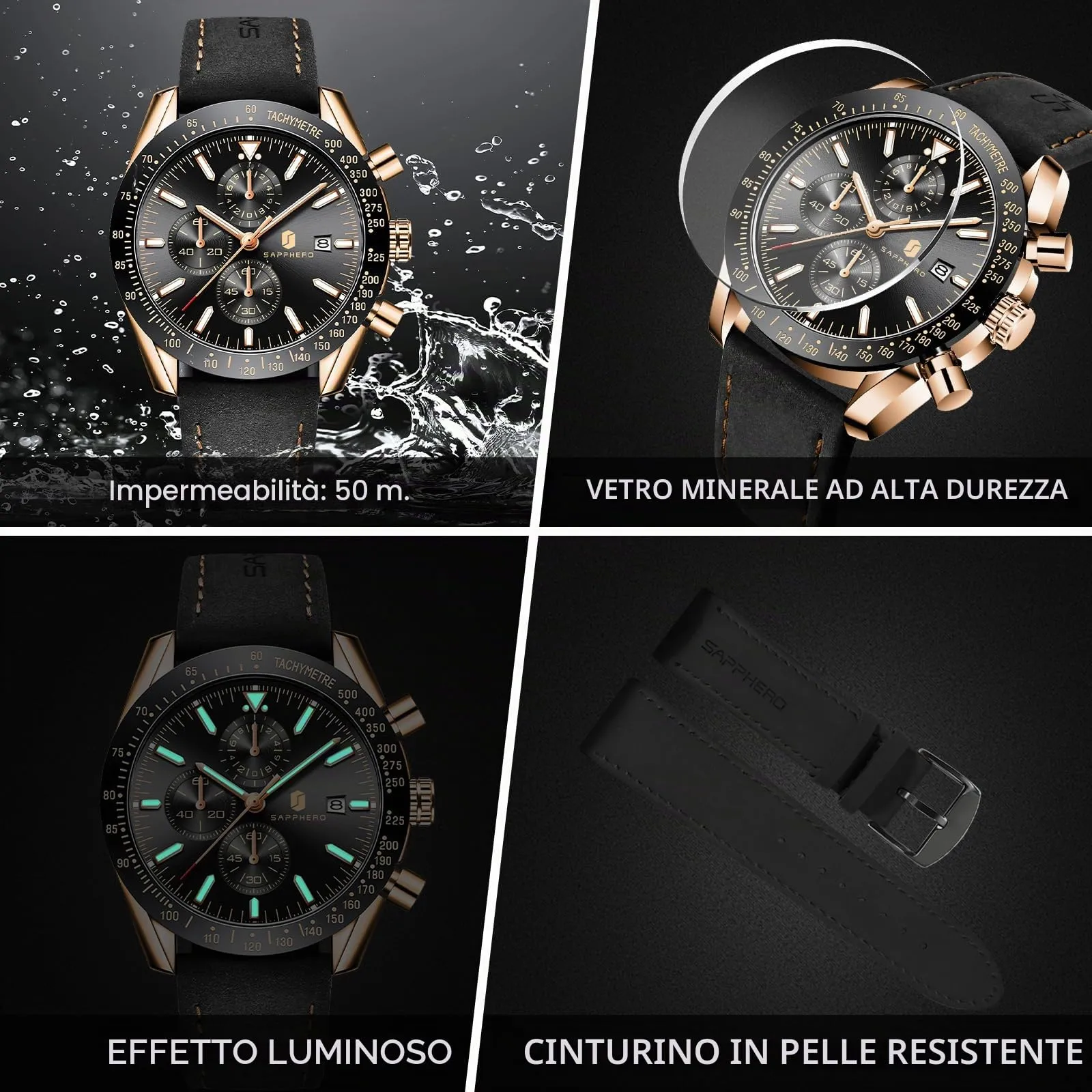 BENYAR BY Orologio Uomo Cronografo Analogico al Quarzo Impermeabile Luminoso Designer Orologi Cinturino Pelle Orologio Regalo per Uomo - immagine 4