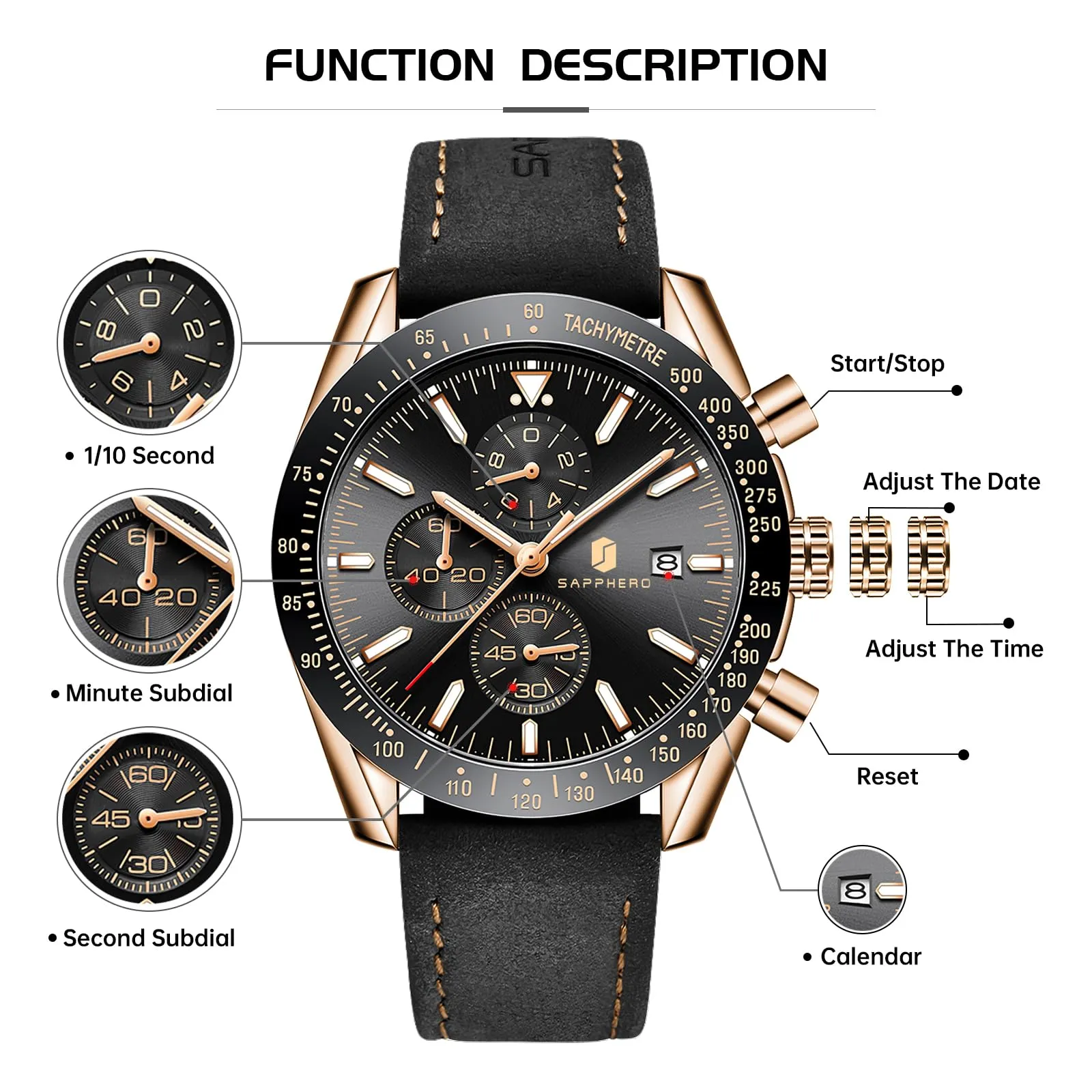 BENYAR BY Orologio Uomo Cronografo Analogico al Quarzo Impermeabile Luminoso Designer Orologi Cinturino Pelle Orologio Regalo per Uomo - immagine 5