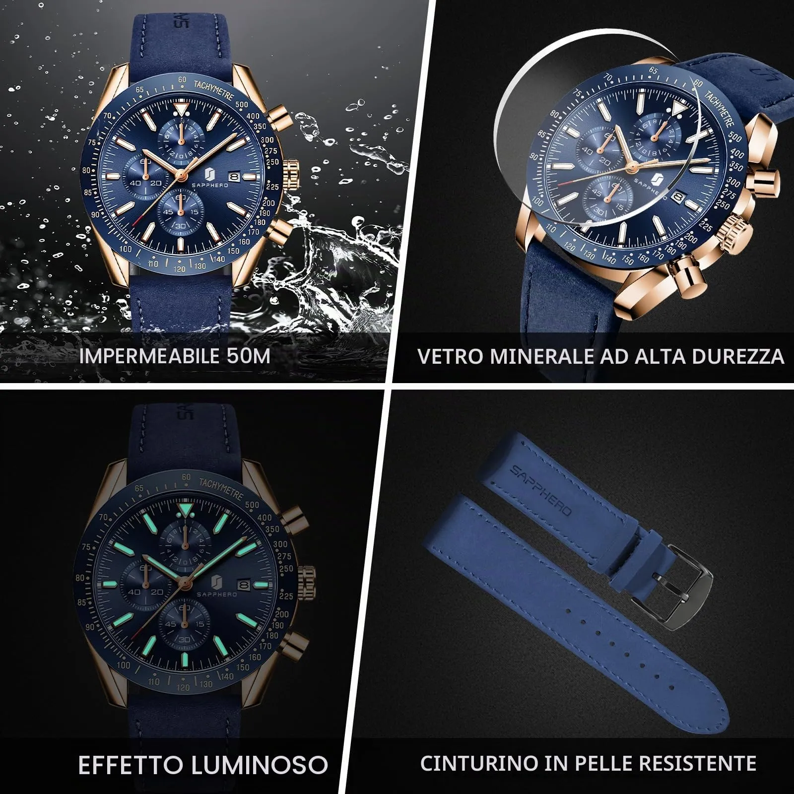 BENYAR BY Orologio Uomo Cronografo Analogico al Quarzo Impermeabile Luminoso Designer Orologi Cinturino Pelle Orologio Regalo per Uomo - immagine 4