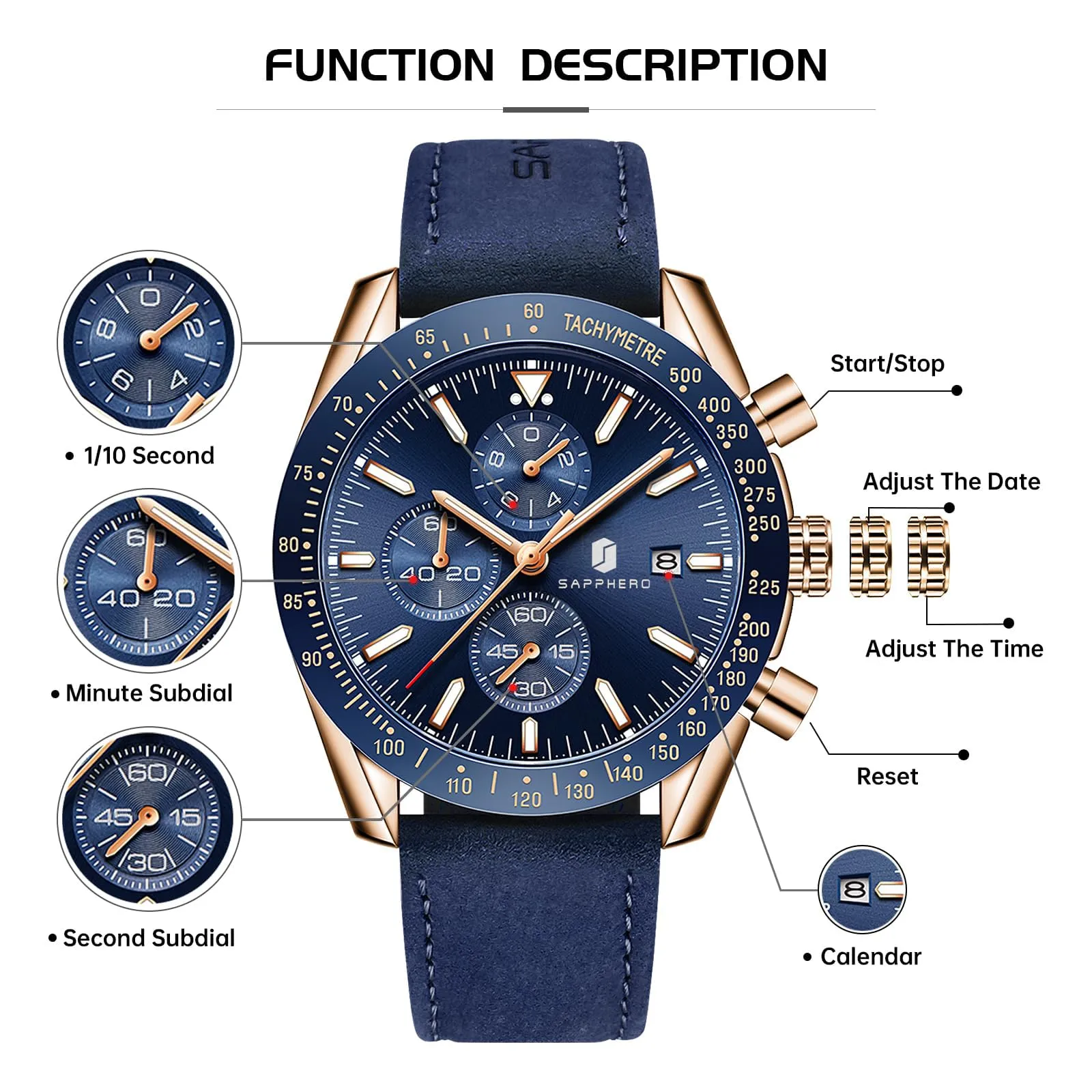 BENYAR BY Orologio Uomo Cronografo Analogico al Quarzo Impermeabile Luminoso Designer Orologi Cinturino Pelle Orologio Regalo per Uomo - immagine 5