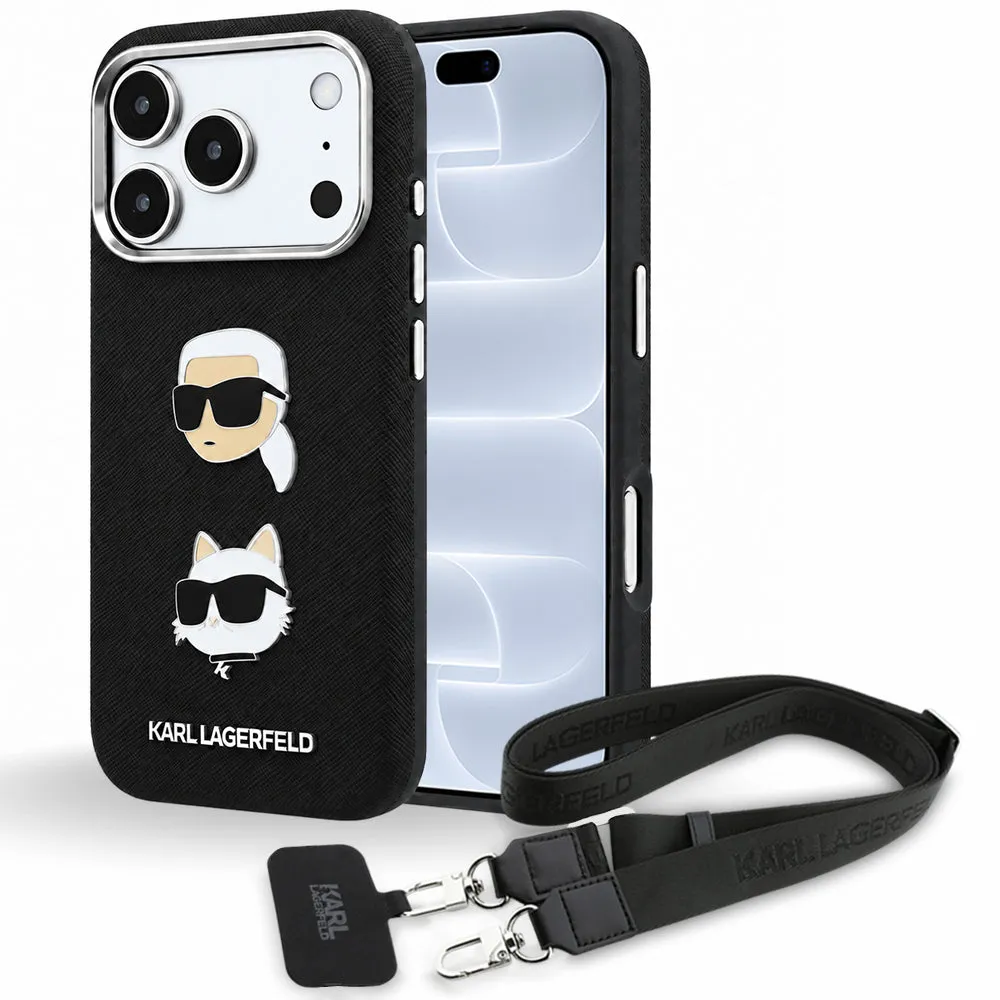 Custodia per Apple iPhone 18 Pro / 17 Pro, Karl Lagerfeld, Saffiano Crossbody Karl & Choupette Head's Pins Logo, nera - immagine 1