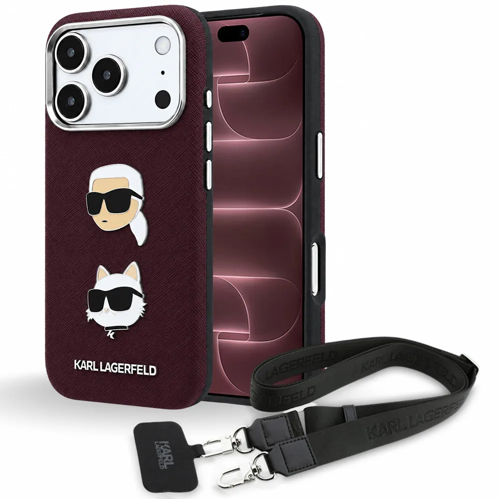 Custodia per Apple iPhone 18 Pro Max / 17 Pro Max, Karl Lagerfeld, Saffiano Crossbody Karl & Choupette Head's Pins Logo, color bordeaux - immagine 1