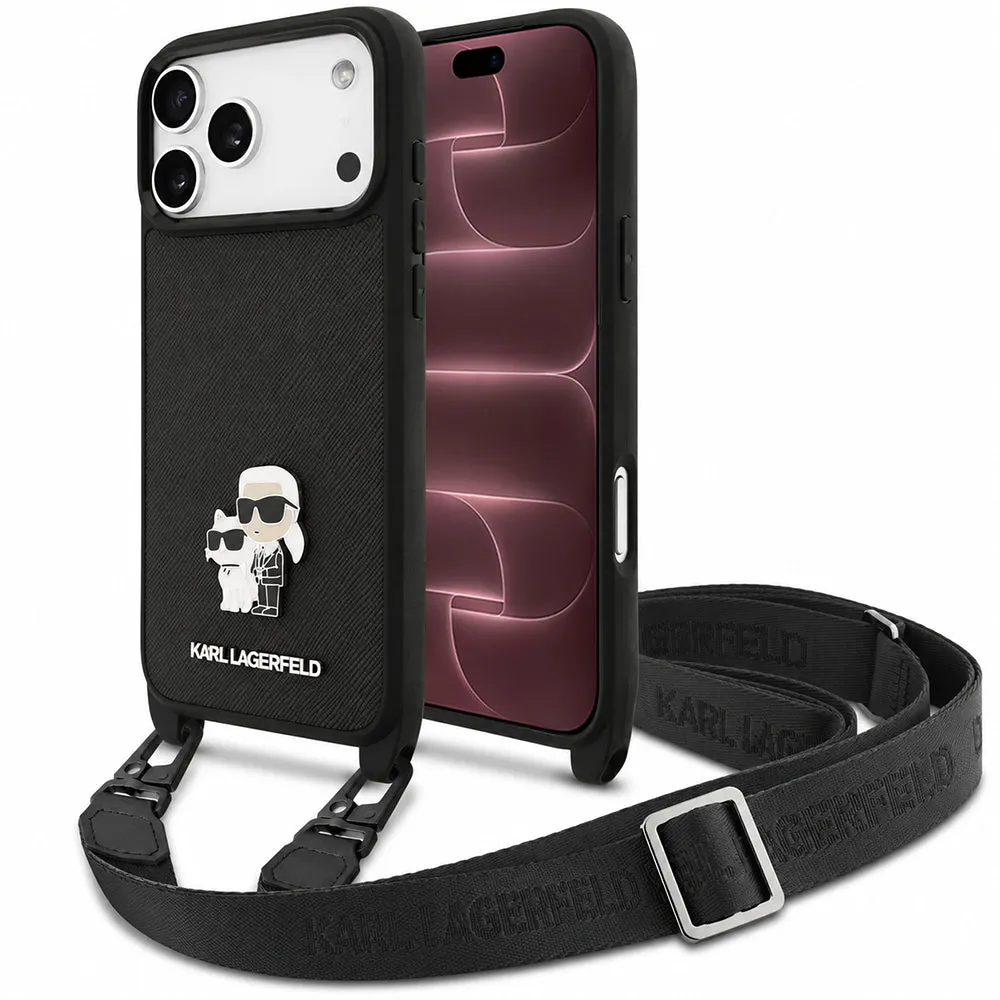 Custodia per Apple iPhone 18 Pro Max / 17 Pro Max, Karl Lagerfeld, Saffiano Crossbody Metal Pin Karl & Choupette, nera - immagine 1