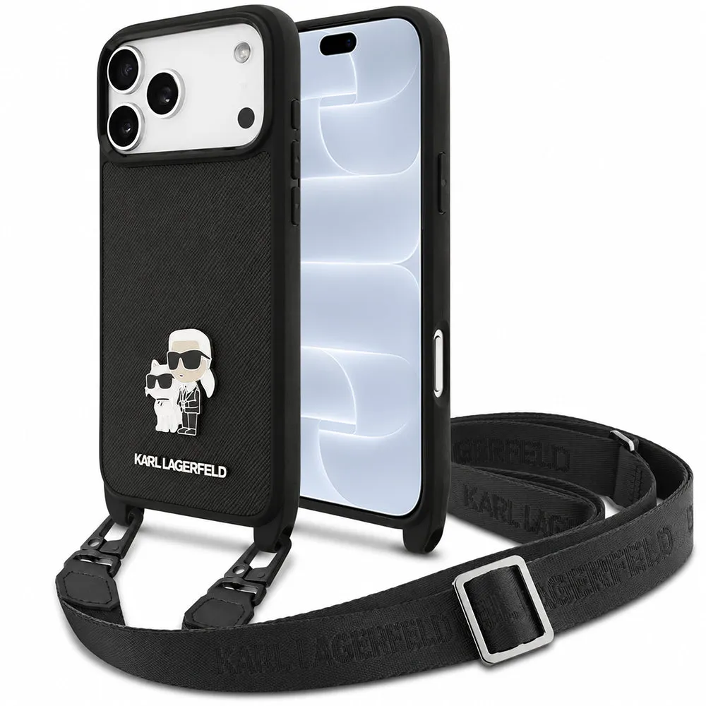 Custodia per Apple iPhone 18 Pro / 17 Pro, Karl Lagerfeld, Saffiano Crossbody Metal Pin Karl & Choupette, nera - immagine 1