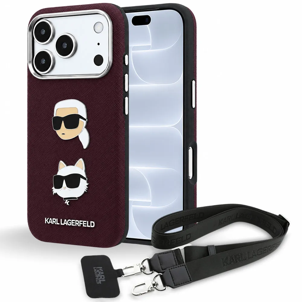 Custodia per Apple iPhone 18 Pro / 17 Pro, Karl Lagerfeld, Saffiano Crossbody Karl & Choupette Head's Pins Logo, color bordeaux - immagine 1