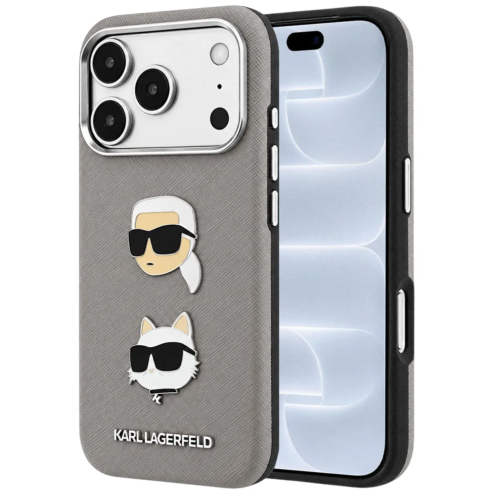 Custodia per Apple iPhone 18 Pro / 17 Pro, Karl Lagerfeld, Saffiano con spilla con le teste di Karl e Choupette e logo, grigio - immagine 1