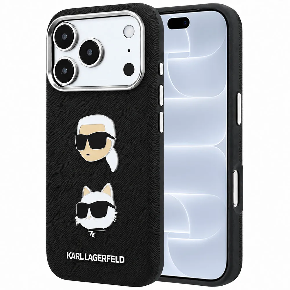Custodia per Apple iPhone 18 Pro / 17 Pro, Karl Lagerfeld, Saffiano con spilla con le teste di Karl e Choupette e logo, nera - immagine 1