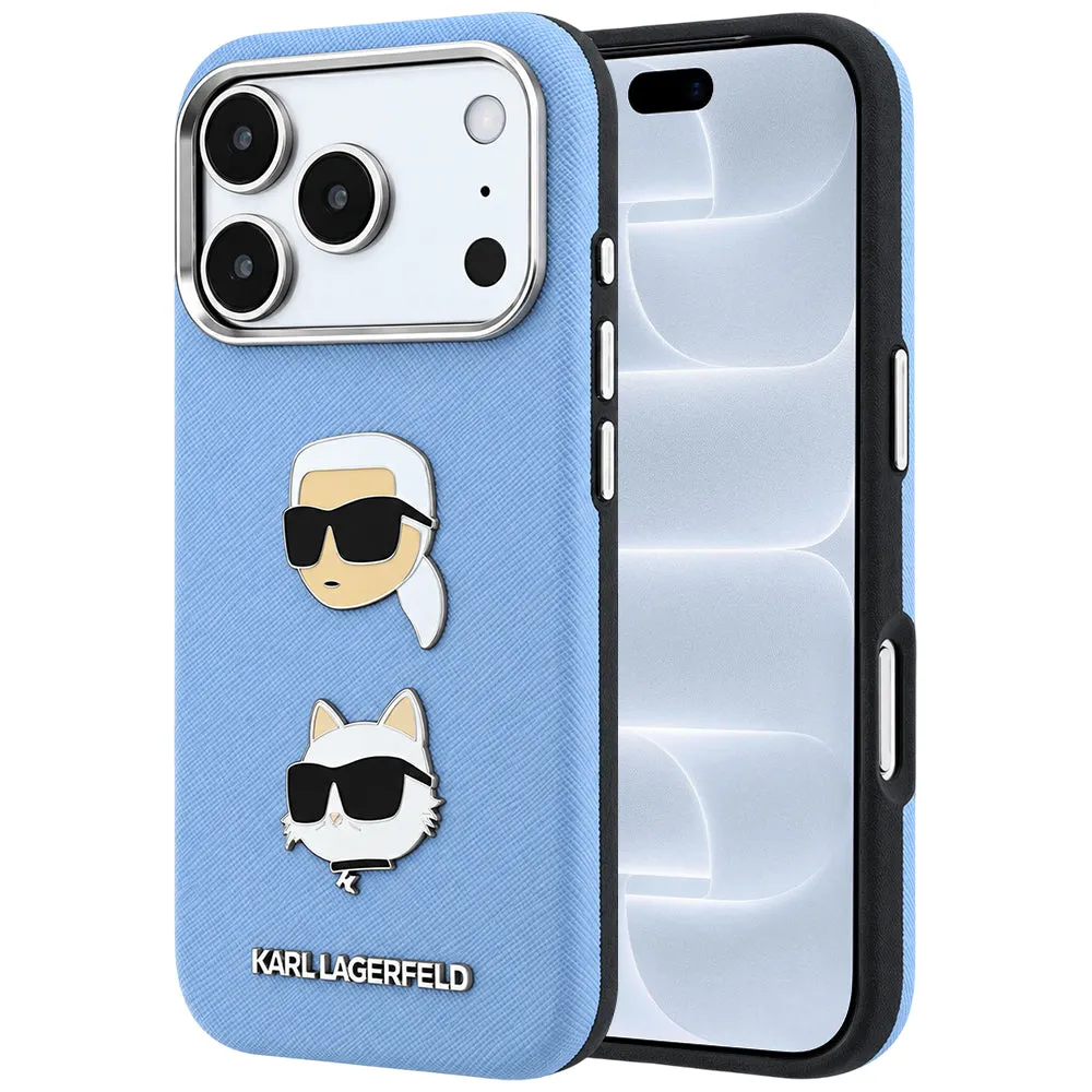 Custodia per Apple iPhone 18 Pro / 17 Pro, Karl Lagerfeld, Saffiano con spilla con le teste di Karl e Choupette e logo, blu - immagine 1