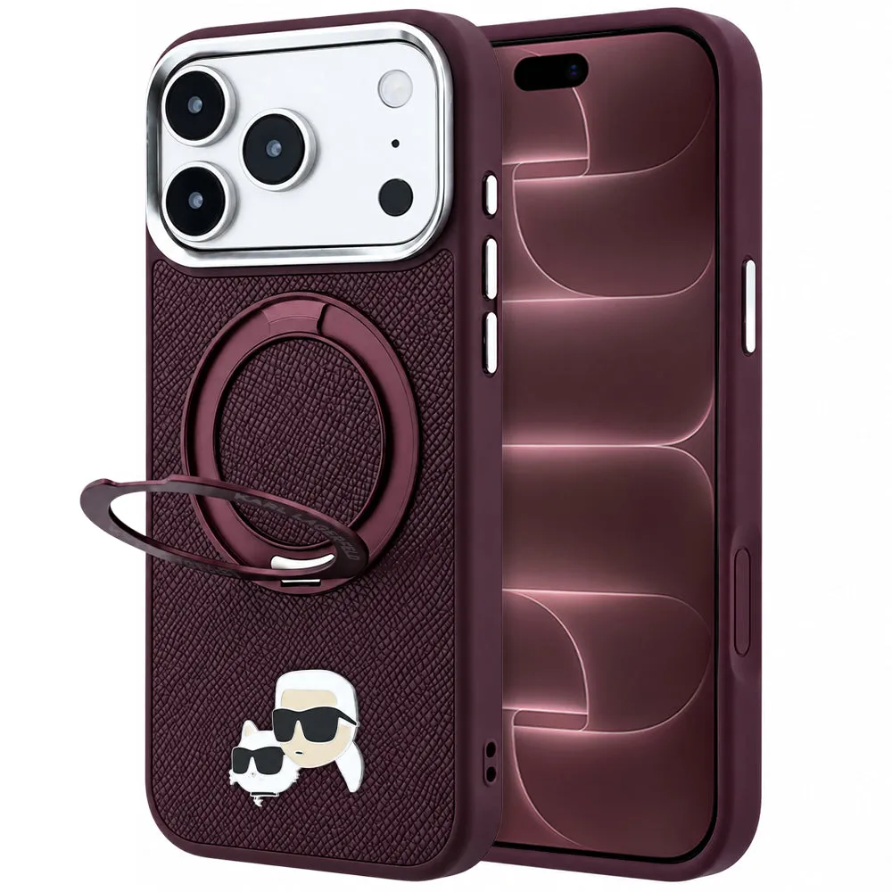 Custodia MagSafe per Apple iPhone 18 Pro Max / 17 Pro Max, Karl Lagerfeld, Ring Stand 360 Karl & Choupette Pin, color vinaccia - immagine 1