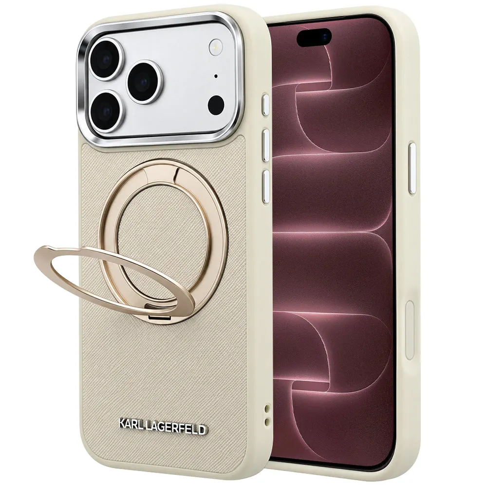 Custodia MagSafe per Apple iPhone 18 Pro Max / 17 Pro Max, Karl Lagerfeld, Ring Stand 360 Saffiano, Beige - immagine 1