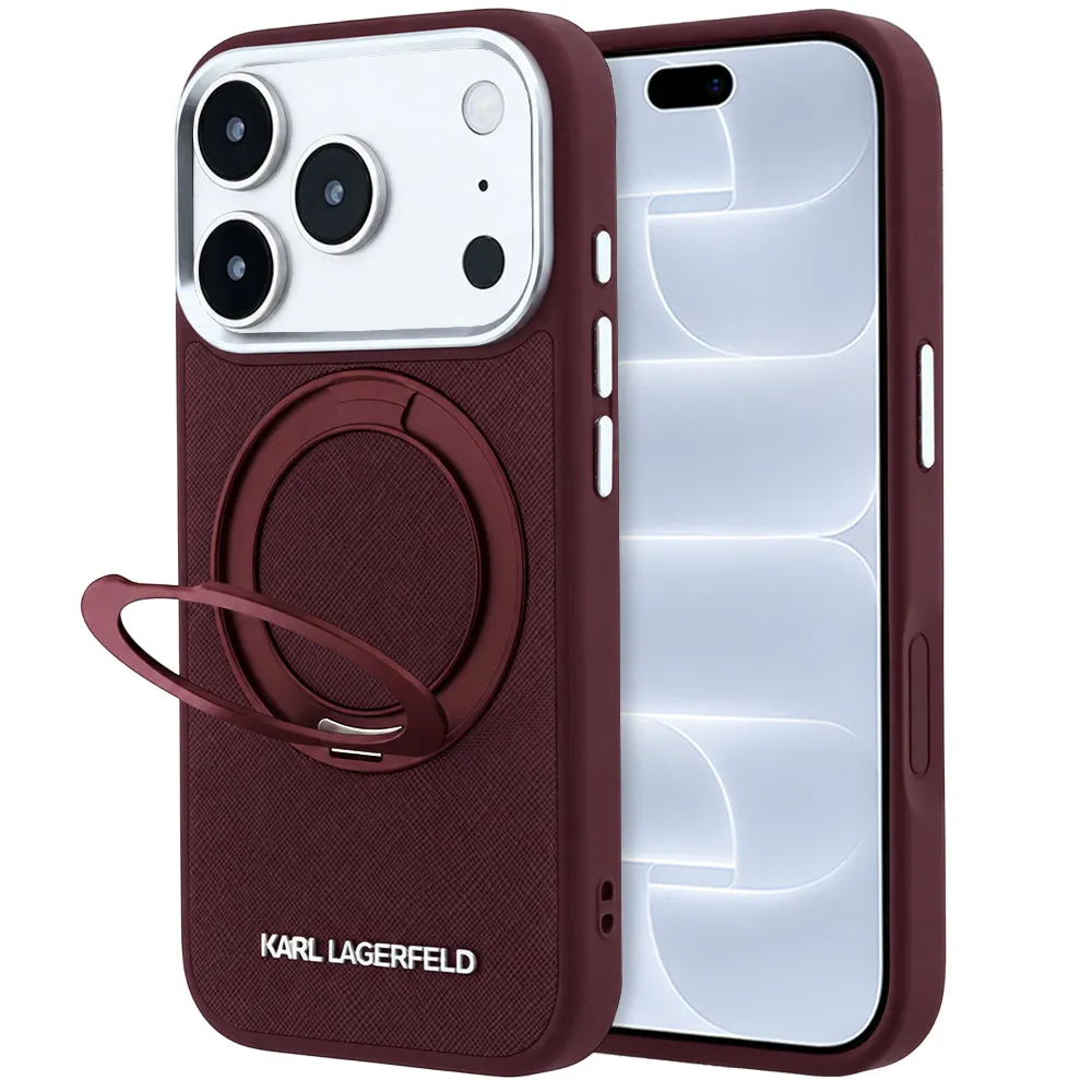 Custodia MagSafe per Apple iPhone 18 Pro / 17 Pro, Karl Lagerfeld, Ring Stand 360 Saffiano, color bordeaux - immagine 1