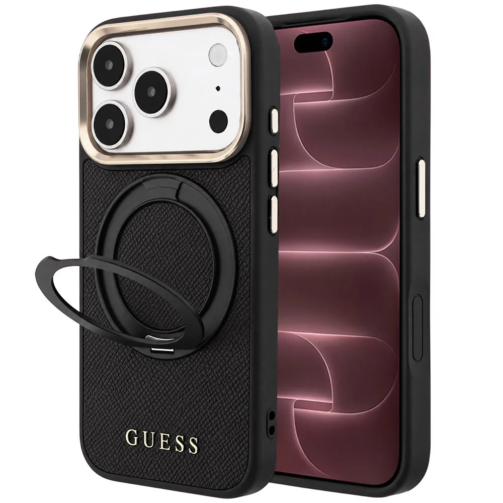 Custodia MagSafe per Apple iPhone 18 Pro Max / 17 Pro Max, Guess, Grained Ring Stand 360 Classic, nera - immagine 1