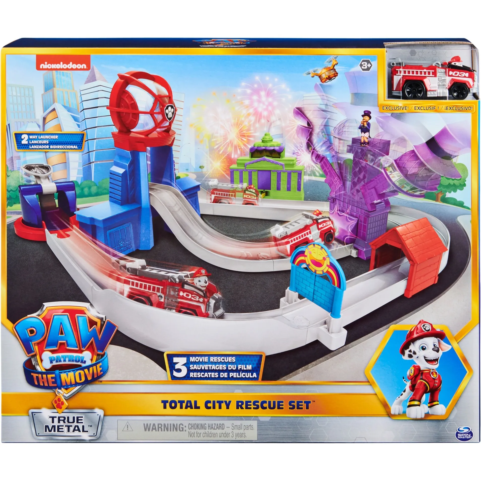 PAW Patrol, pista per macchinine Total City Rescue con veicolo di Marshall esclusivo da PAW PATROL IL FILM, scala 1:55, giocattoli per bambini dai 3 anni in su, Ippodromo - immagine 1