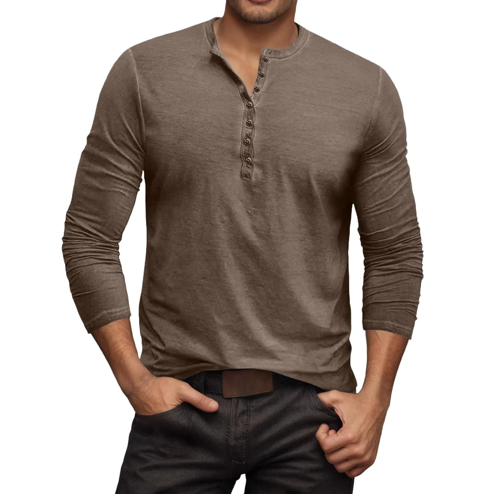Mymyguoe Henley - Maglietta da uomo con bottoni, a maniche lunghe, felpe, magliette in lino a maniche lunghe, polo, abbigliamento sportivo, canottiera, maglia funzionale, escursionismo, sport all'aria - immagine 4