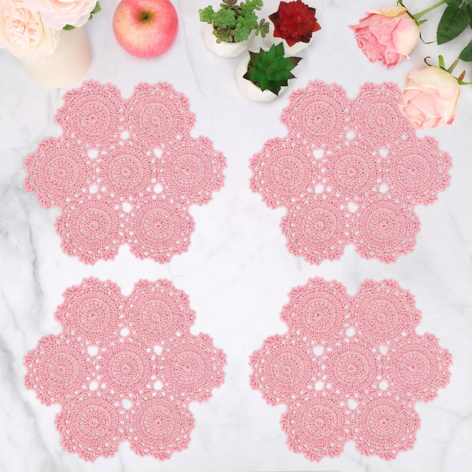 kilofly Confezione da 4 centrini in pizzo di cotone all'uncinetto, motivo floreale, 25,4 cm, colore: rosa - immagine 1