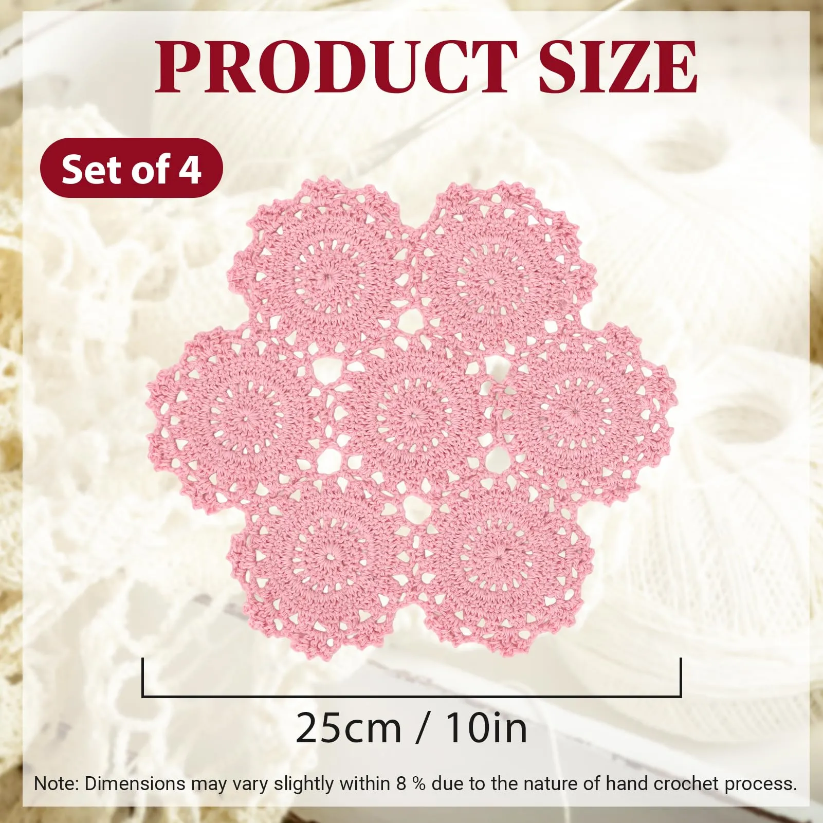 kilofly Confezione da 4 centrini in pizzo di cotone all'uncinetto, motivo floreale, 25,4 cm, colore: rosa - immagine 2