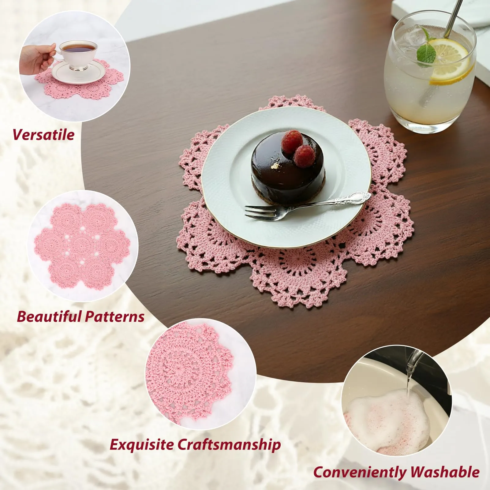 kilofly Confezione da 4 centrini in pizzo di cotone all'uncinetto, motivo floreale, 25,4 cm, colore: rosa - immagine 3
