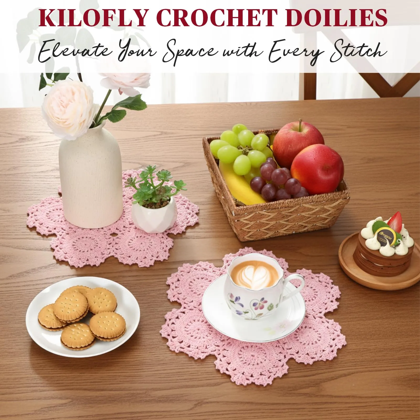 kilofly Confezione da 4 centrini in pizzo di cotone all'uncinetto, motivo floreale, 25,4 cm, colore: rosa - immagine 4