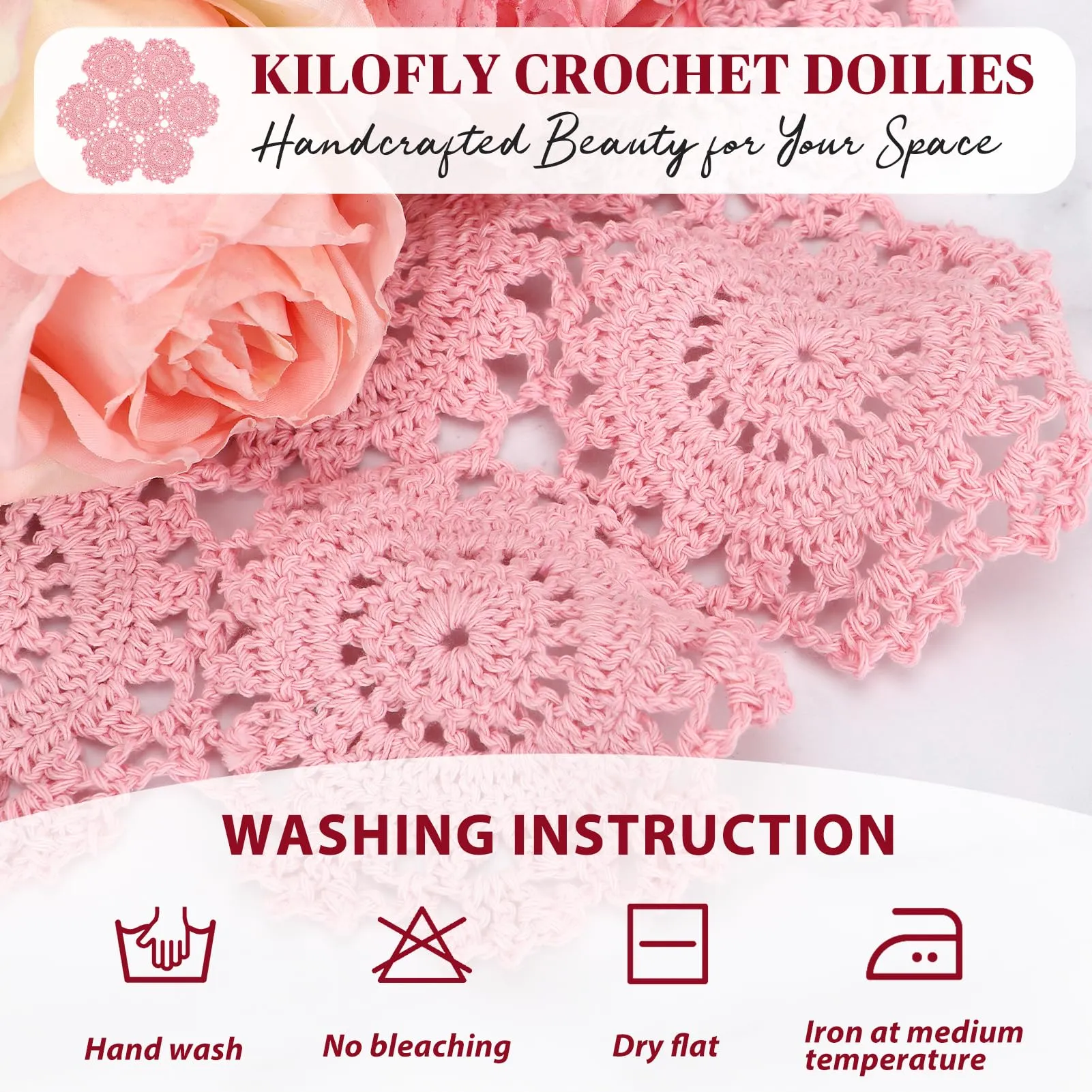 kilofly Confezione da 4 centrini in pizzo di cotone all'uncinetto, motivo floreale, 25,4 cm, colore: rosa - immagine 7