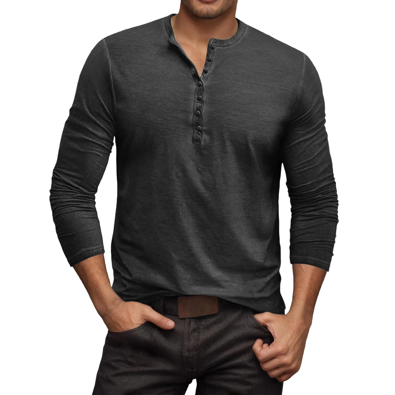 Mymyguoe Henley - Maglietta da uomo con bottoni, a maniche lunghe, felpe, magliette in lino a maniche lunghe, polo, abbigliamento sportivo, canottiera, maglia funzionale, escursionismo, sport all'aria - immagine 4