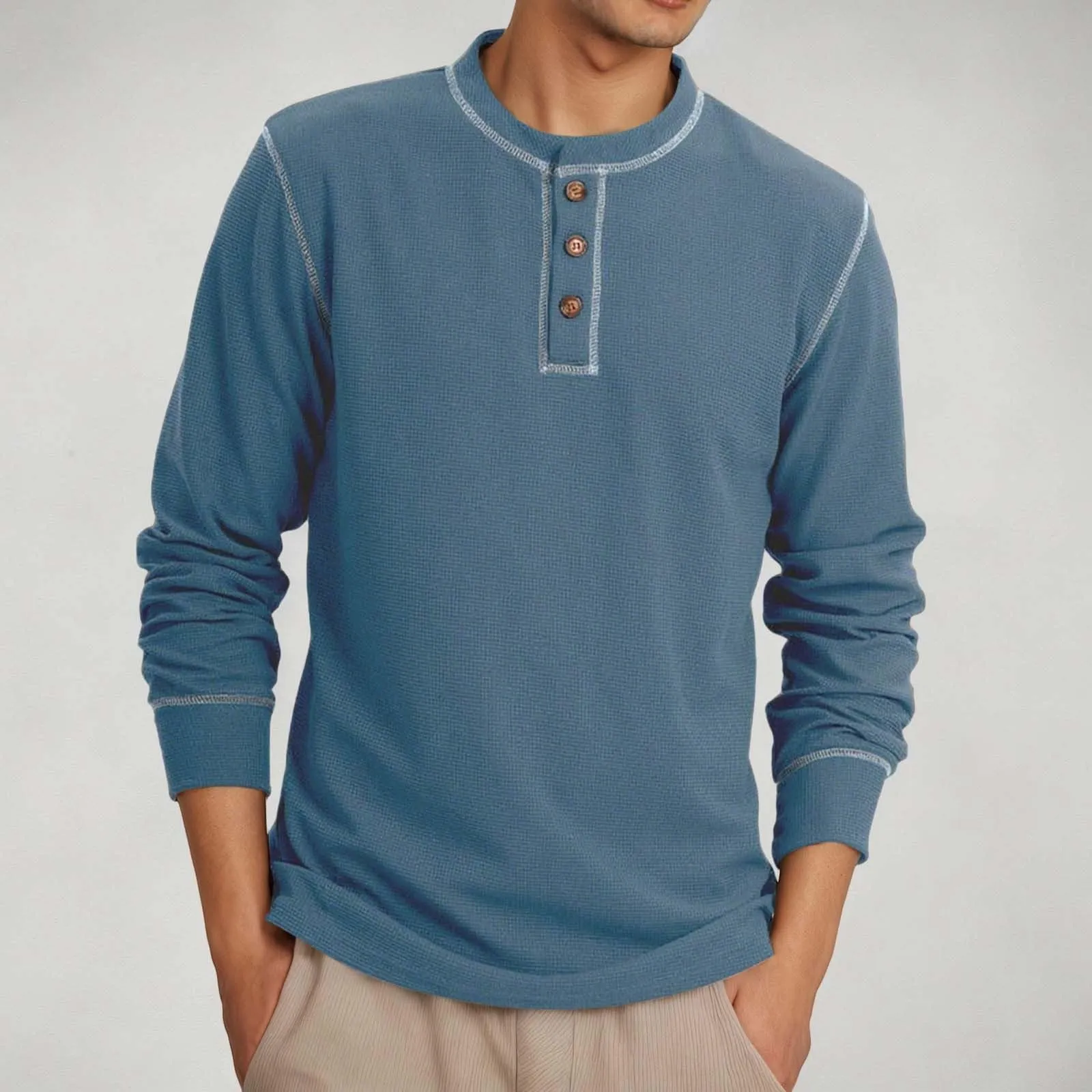 Mymyguoe Henley - Maglietta da uomo con bottoni, a maniche lunghe, felpe, magliette in lino a maniche lunghe, polo, abbigliamento sportivo, canottiera, maglia funzionale, escursionismo, sport all'aria - immagine 2