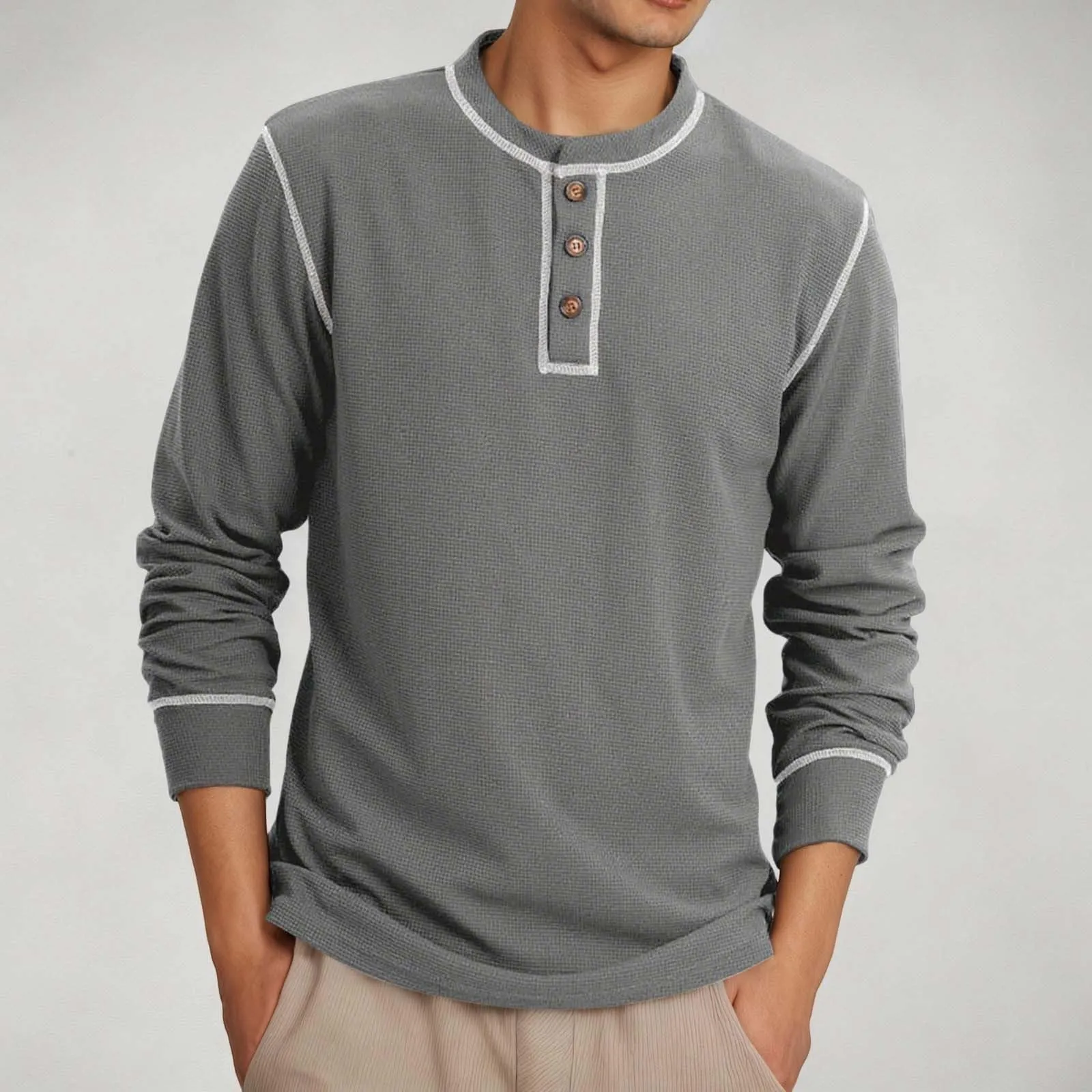 Mymyguoe Henley - Maglietta da uomo con bottoni, a maniche lunghe, felpe, magliette in lino a maniche lunghe, polo, abbigliamento sportivo, canottiera, maglia funzionale, escursionismo, sport all'aria - immagine 2