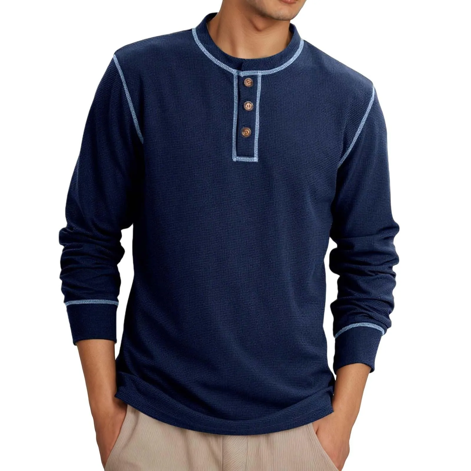 Mymyguoe Henley - Maglietta da uomo con bottoni, magliette a maniche lunghe, felpe, t-shirt in lino, polo a maniche lunghe, abbigliamento sportivo, canottiera, maglia funzionale, trekking, sport - immagine 1