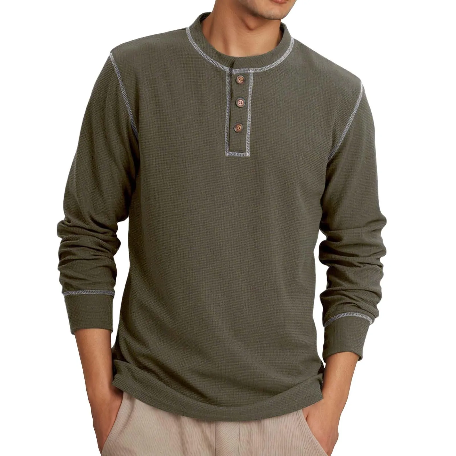 Mymyguoe Henley - Maglietta da uomo con bottoni, a maniche lunghe, felpe, magliette in lino a maniche lunghe, polo, abbigliamento sportivo, canottiera, maglia funzionale, escursionismo, sport all'aria - immagine 1