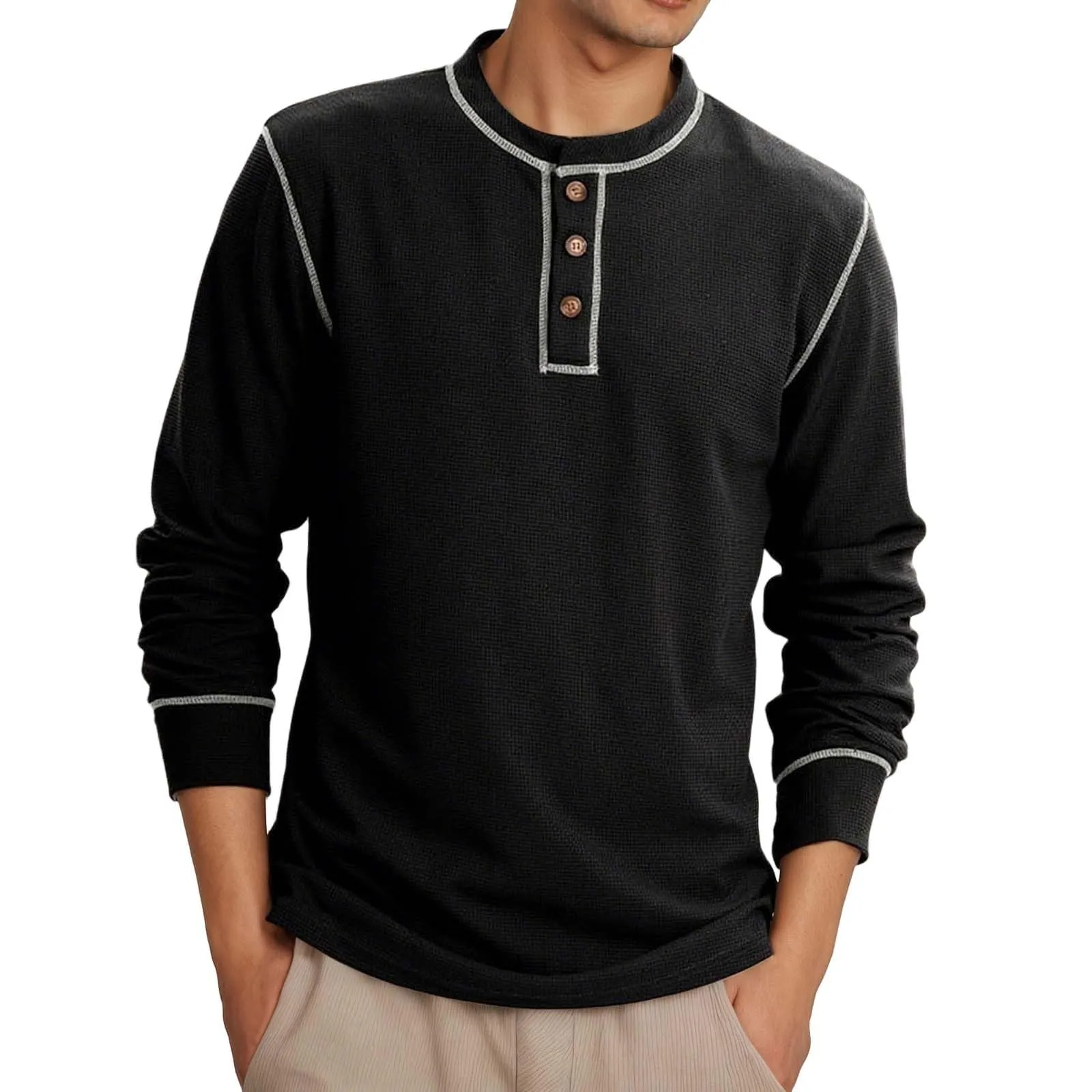 Mymyguoe Henley - Maglietta da uomo con bottoni, magliette a maniche lunghe, felpe, t-shirt in lino, polo a maniche lunghe, abbigliamento sportivo, canottiera, maglia funzionale, escursionismo, sport - immagine 1