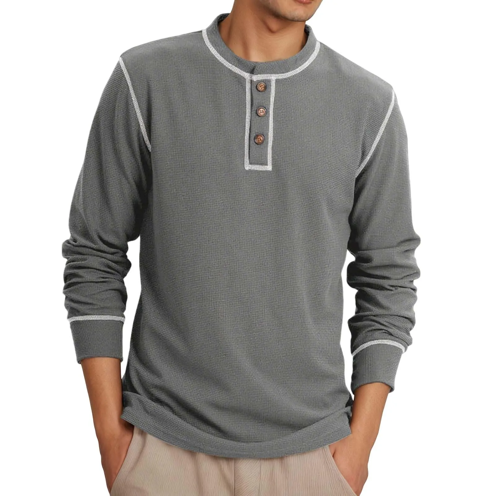 Mymyguoe Henley - Maglietta da uomo con bottoni, magliette a maniche lunghe, felpe, t-shirt in lino, polo a maniche lunghe, abbigliamento sportivo, canottiera, maglia funzionale, escursionismo, sport - immagine 1
