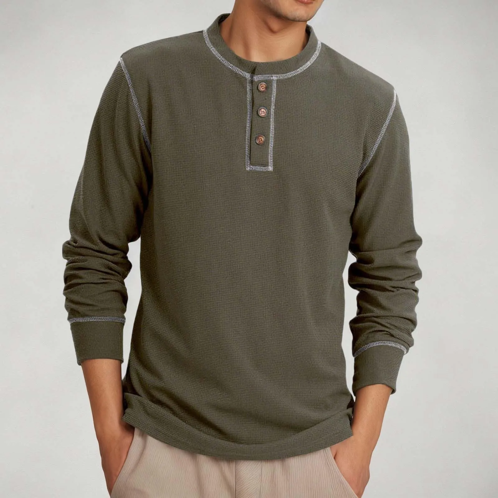 Mymyguoe Henley - Maglietta da uomo con bottoni, magliette a maniche lunghe, felpe, t-shirt in lino, polo a maniche lunghe, abbigliamento sportivo, canottiera, maglia funzionale, escursionismo, sport - immagine 2