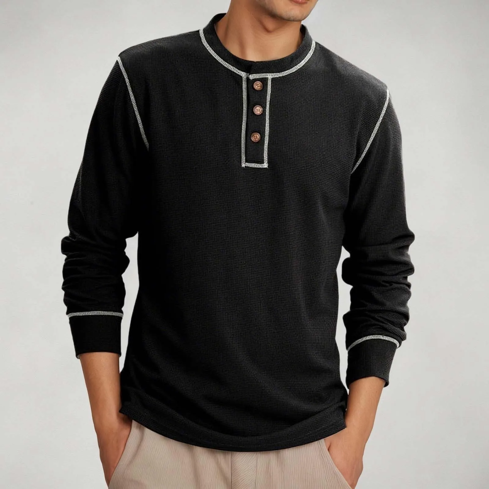 Mymyguoe Henley - Maglietta da uomo con bottoni, a maniche lunghe, felpe, magliette in lino a maniche lunghe, polo, abbigliamento sportivo, canottiera, maglia funzionale, escursionismo, sport all'aria - immagine 2