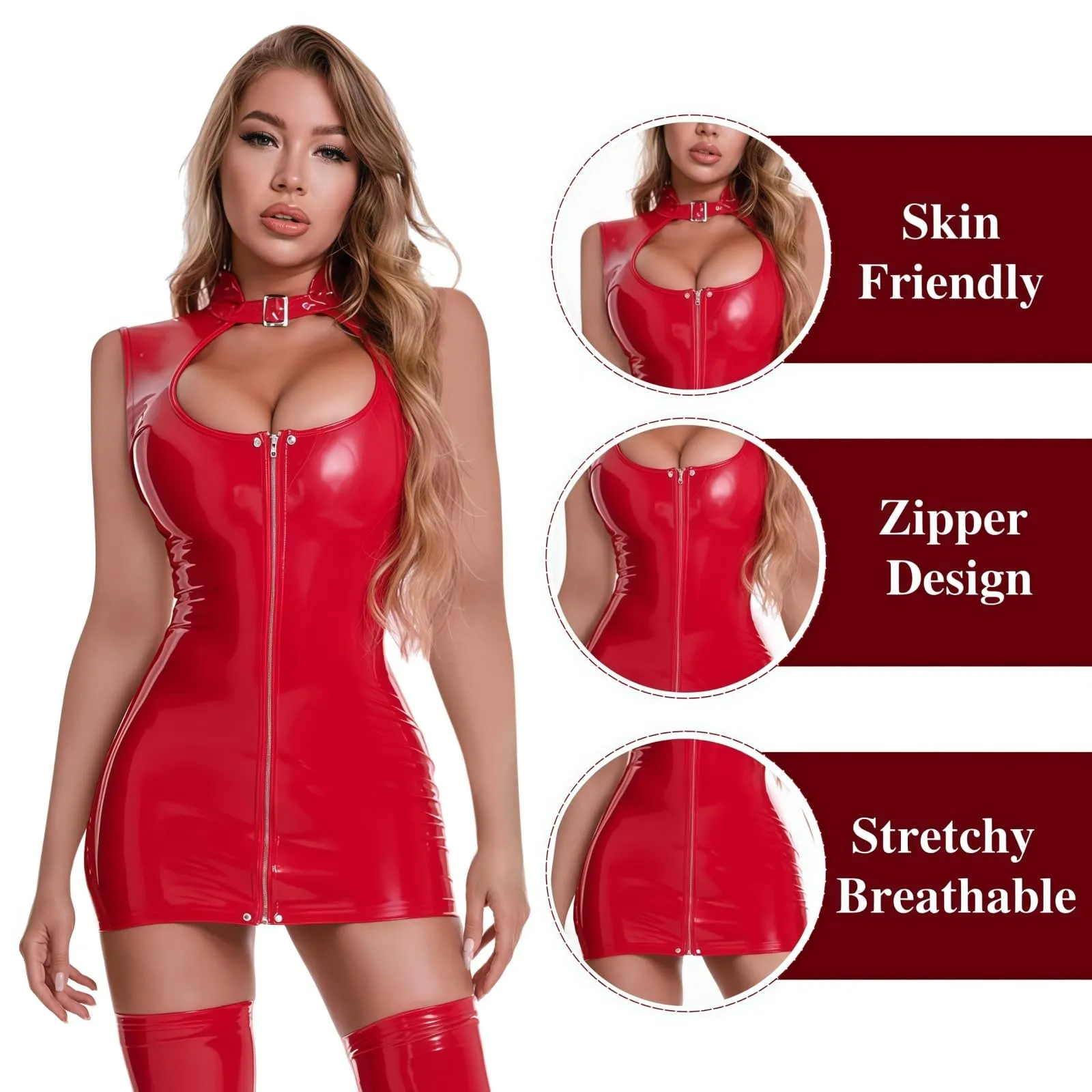 Abito in pelle lucida da donna, senza maniche, con colletto alto, in pelle laccata, per cocktail, gonna a matita lucida con cerniera frontale in tinta unita, abito avvolgente corto, Colore: rosso, 3XL - immagine 3