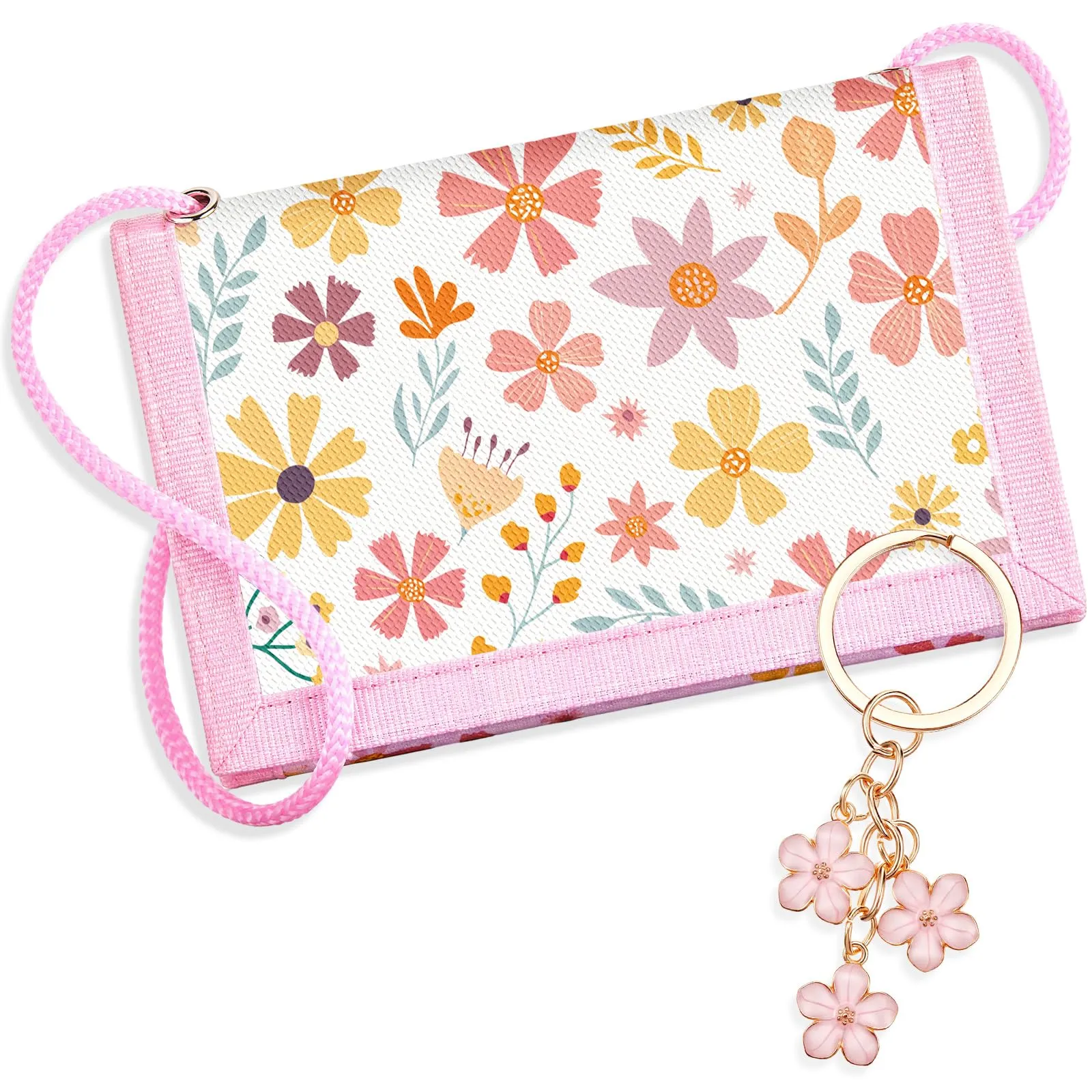 Hestya Portafoglio per Bambini e Ragazzi Portafoglio da Collo a Tre Scomparti con Diverse Fantasie Portamonete da Viaggio con Cordino e Portachiavi Regalo di Compleanno (Fiori) - immagine 1