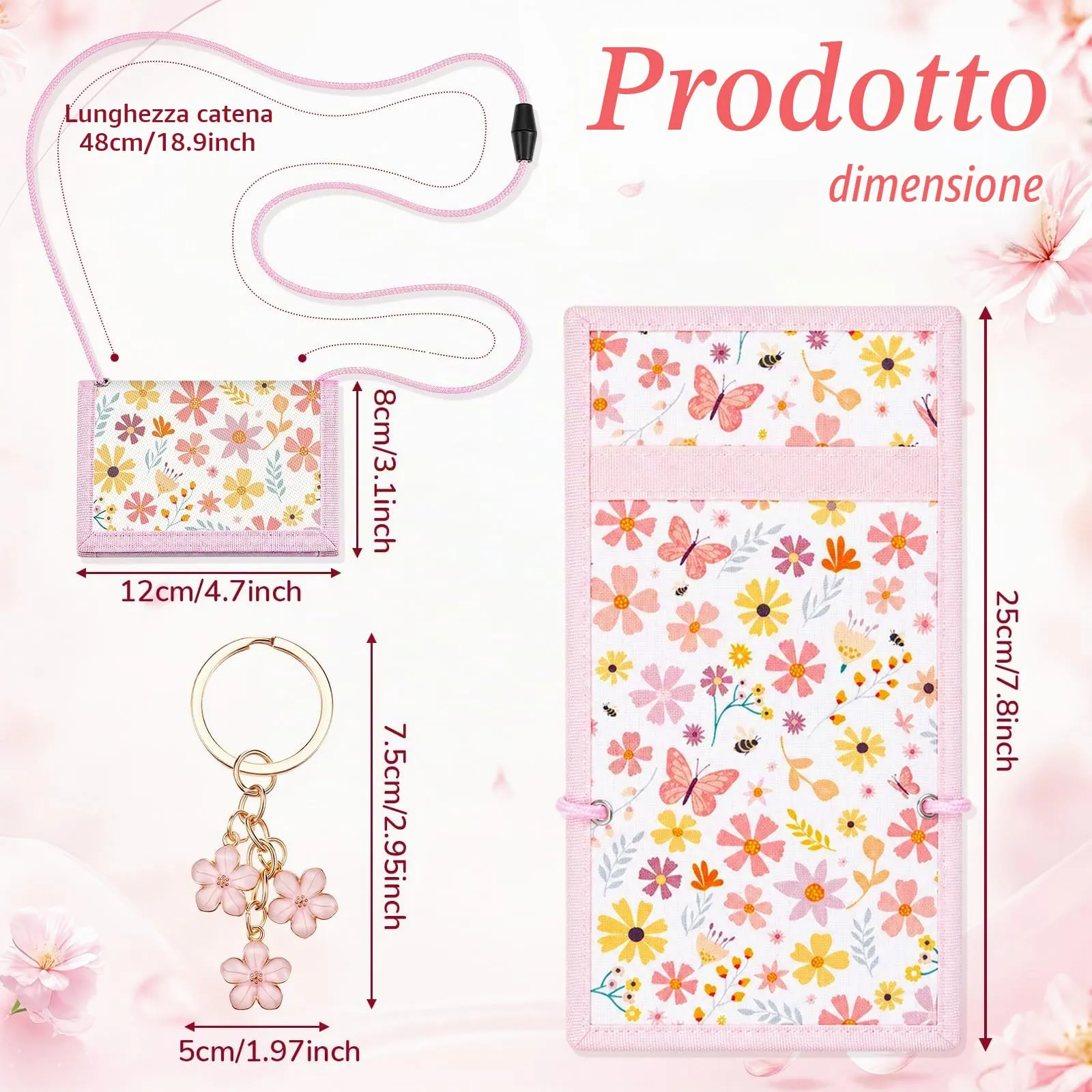 Hestya Portafoglio per Bambini e Ragazzi Portafoglio da Collo a Tre Scomparti con Diverse Fantasie Portamonete da Viaggio con Cordino e Portachiavi Regalo di Compleanno (Fiori) - immagine 2
