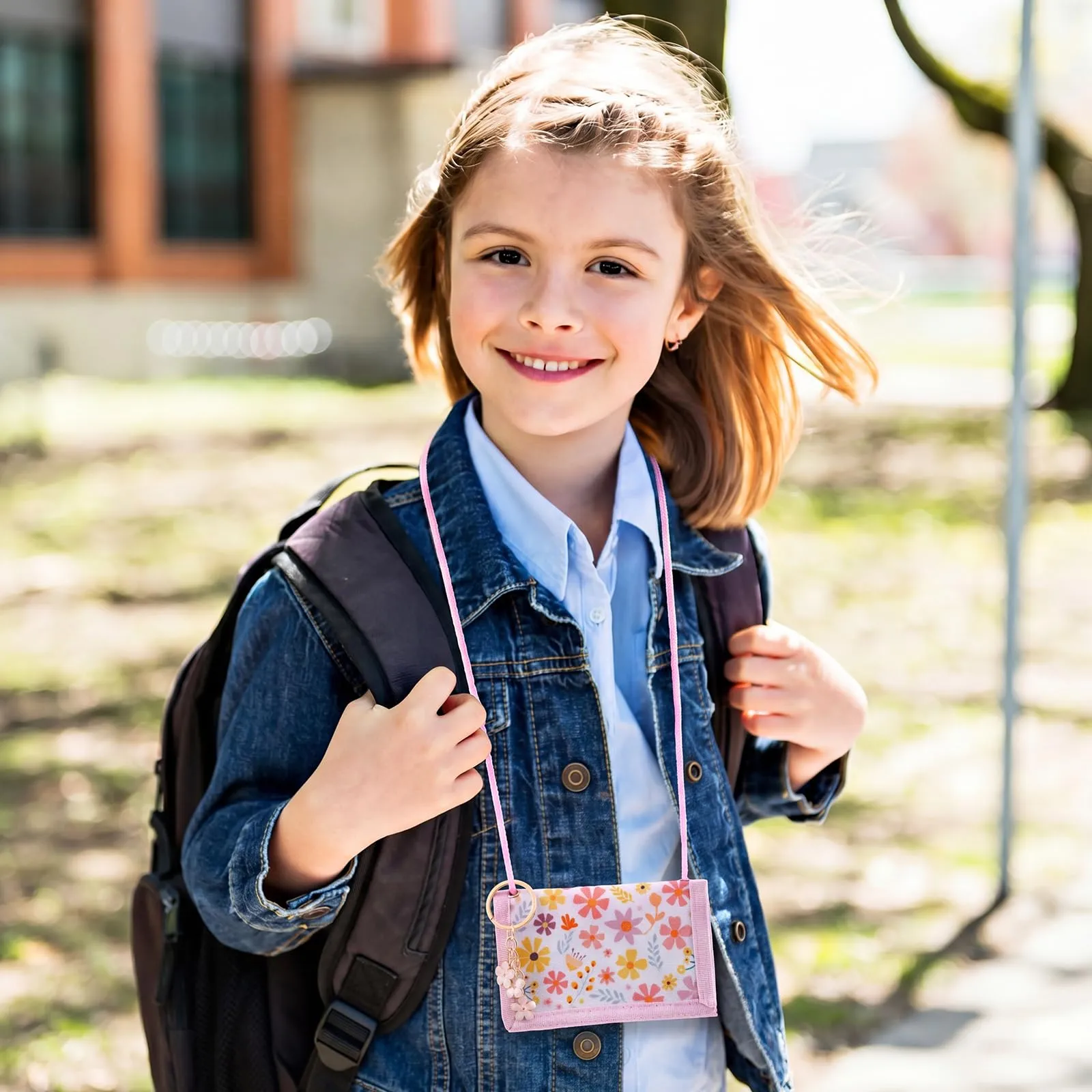 Hestya Portafoglio per Bambini e Ragazzi Portafoglio da Collo a Tre Scomparti con Diverse Fantasie Portamonete da Viaggio con Cordino e Portachiavi Regalo di Compleanno (Fiori) - immagine 6