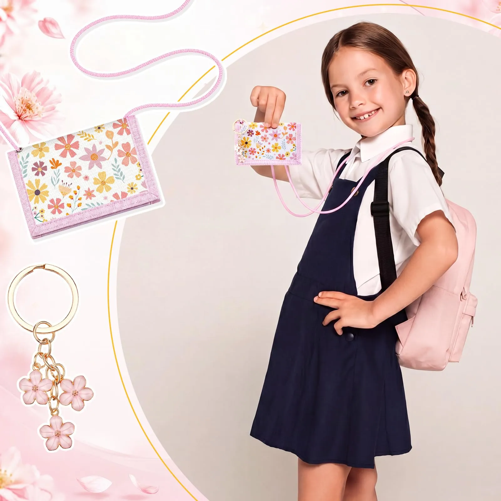 Hestya Portafoglio per Bambini e Ragazzi Portafoglio da Collo a Tre Scomparti con Diverse Fantasie Portamonete da Viaggio con Cordino e Portachiavi Regalo di Compleanno (Fiori) - immagine 7