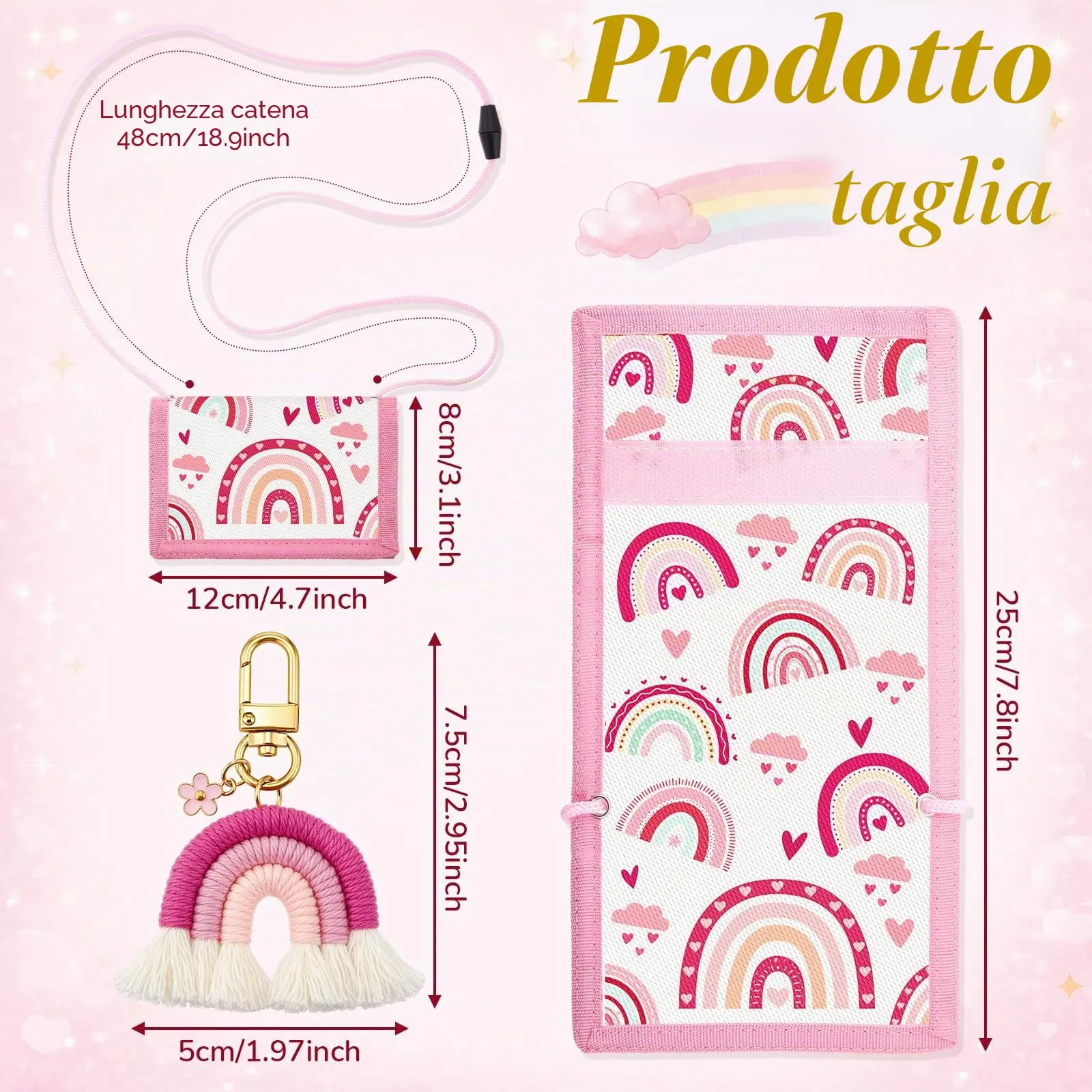 Hestya Portafoglio per Bambini e Ragazzi Portafoglio da Collo a Tre Scomparti con Diverse Fantasie Portamonete da Viaggio con Cordino e Portachiavi Regalo di Compleanno(Arcobaleno Boho - Rosa) - immagine 2