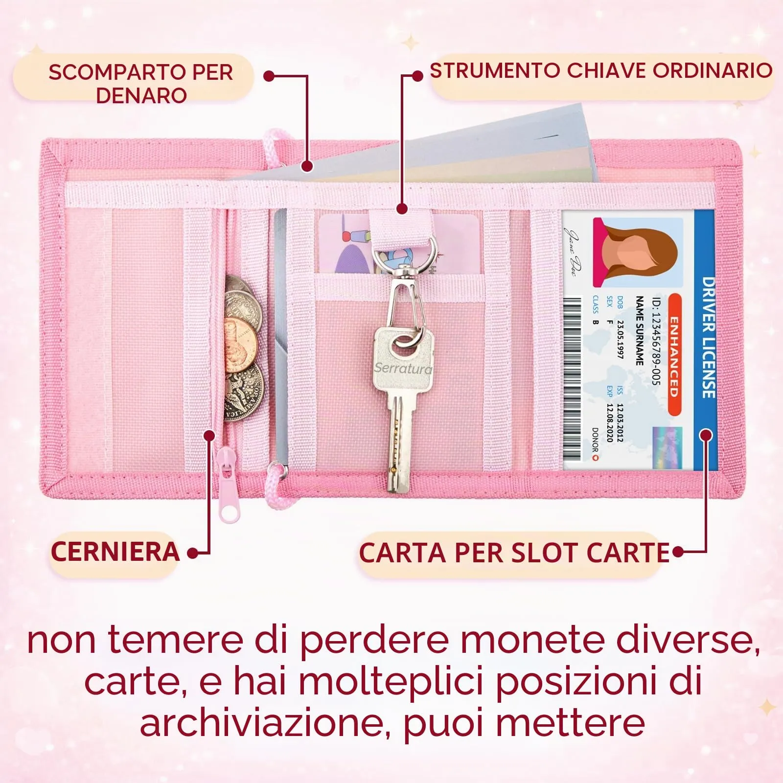 Hestya Portafoglio per Bambini e Ragazzi Portafoglio da Collo a Tre Scomparti con Diverse Fantasie Portamonete da Viaggio con Cordino e Portachiavi Regalo di Compleanno(Arcobaleno Boho - Rosa) - immagine 3