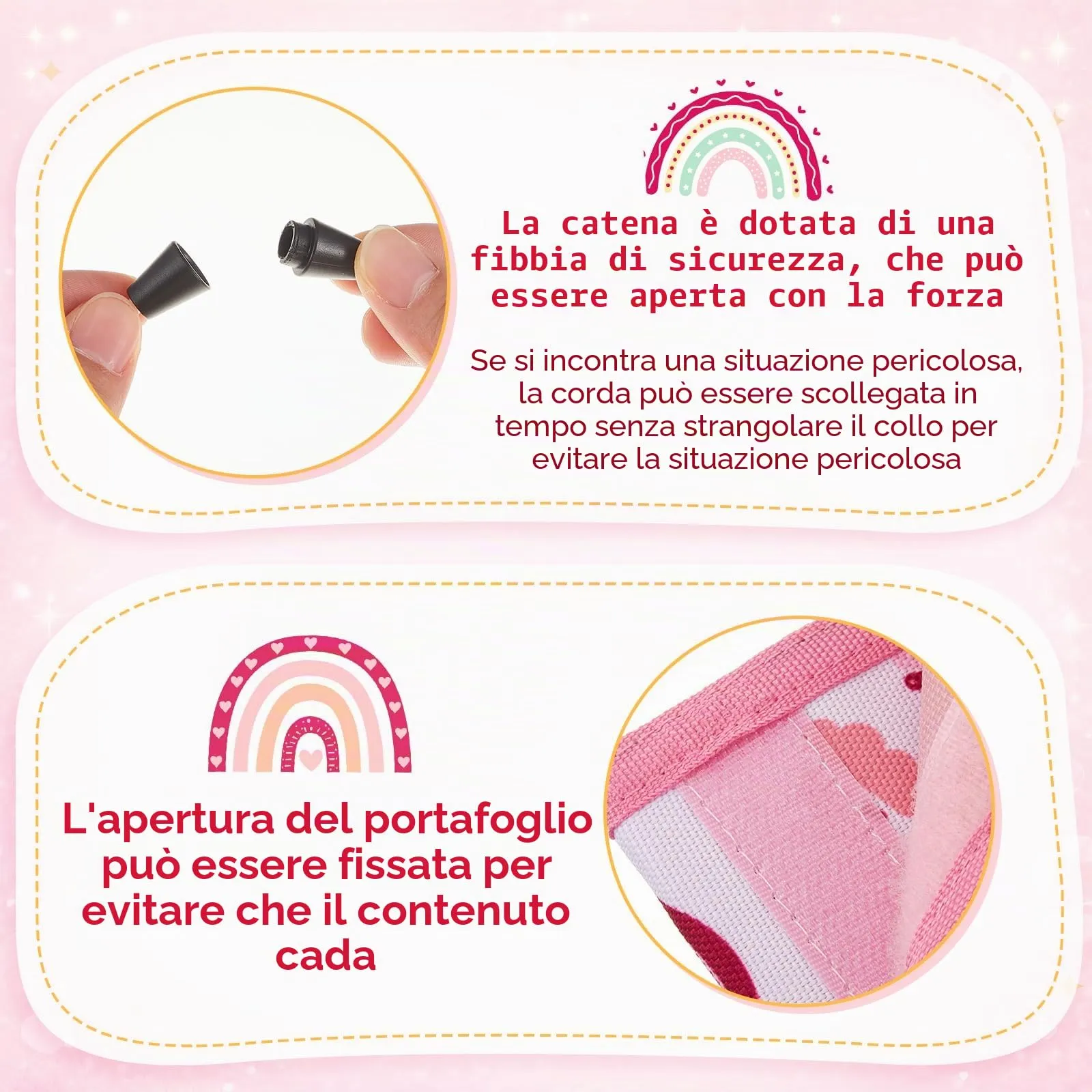 Hestya Portafoglio per Bambini e Ragazzi Portafoglio da Collo a Tre Scomparti con Diverse Fantasie Portamonete da Viaggio con Cordino e Portachiavi Regalo di Compleanno(Arcobaleno Boho - Rosa) - immagine 4