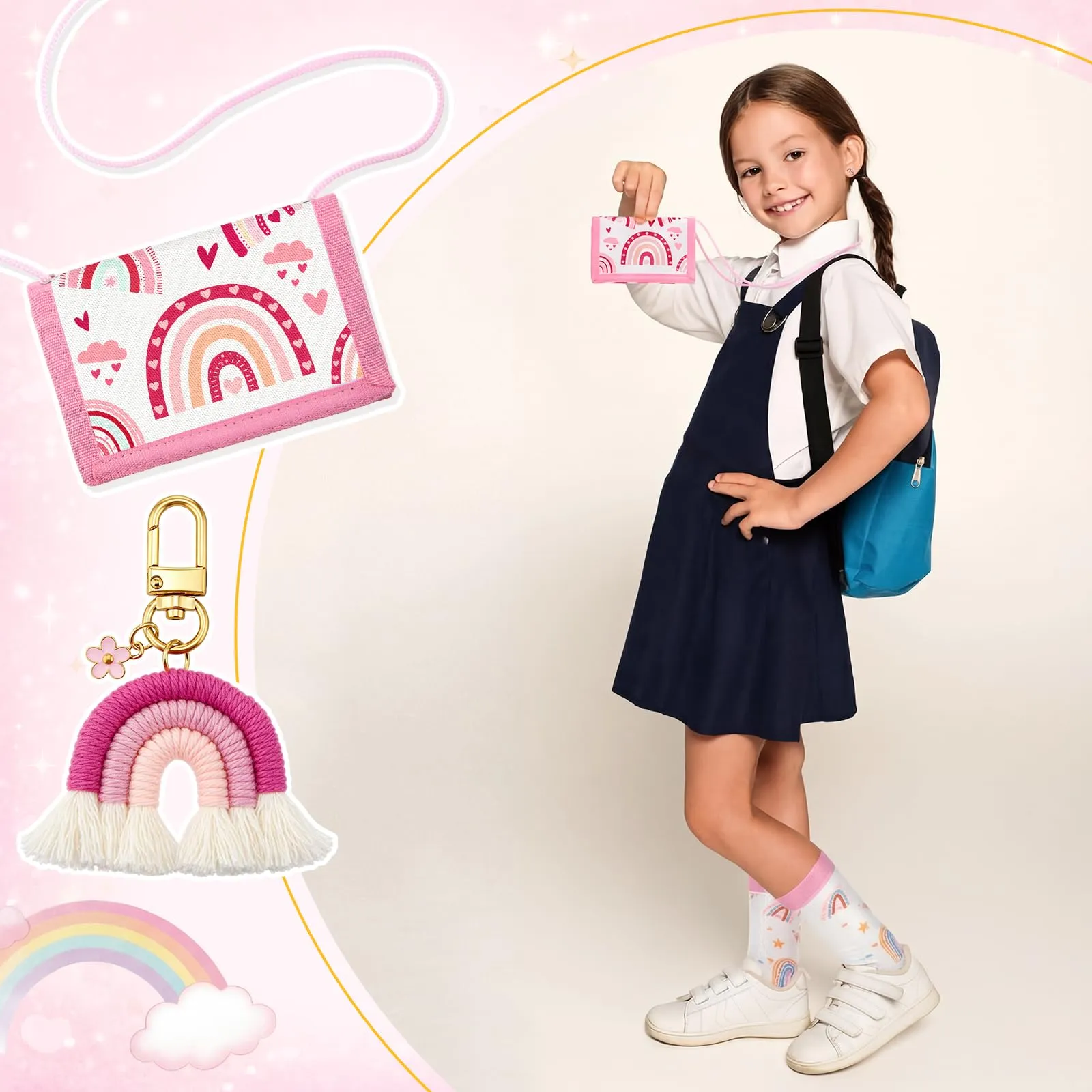 Hestya Portafoglio per Bambini e Ragazzi Portafoglio da Collo a Tre Scomparti con Diverse Fantasie Portamonete da Viaggio con Cordino e Portachiavi Regalo di Compleanno(Arcobaleno Boho - Rosa) - immagine 5