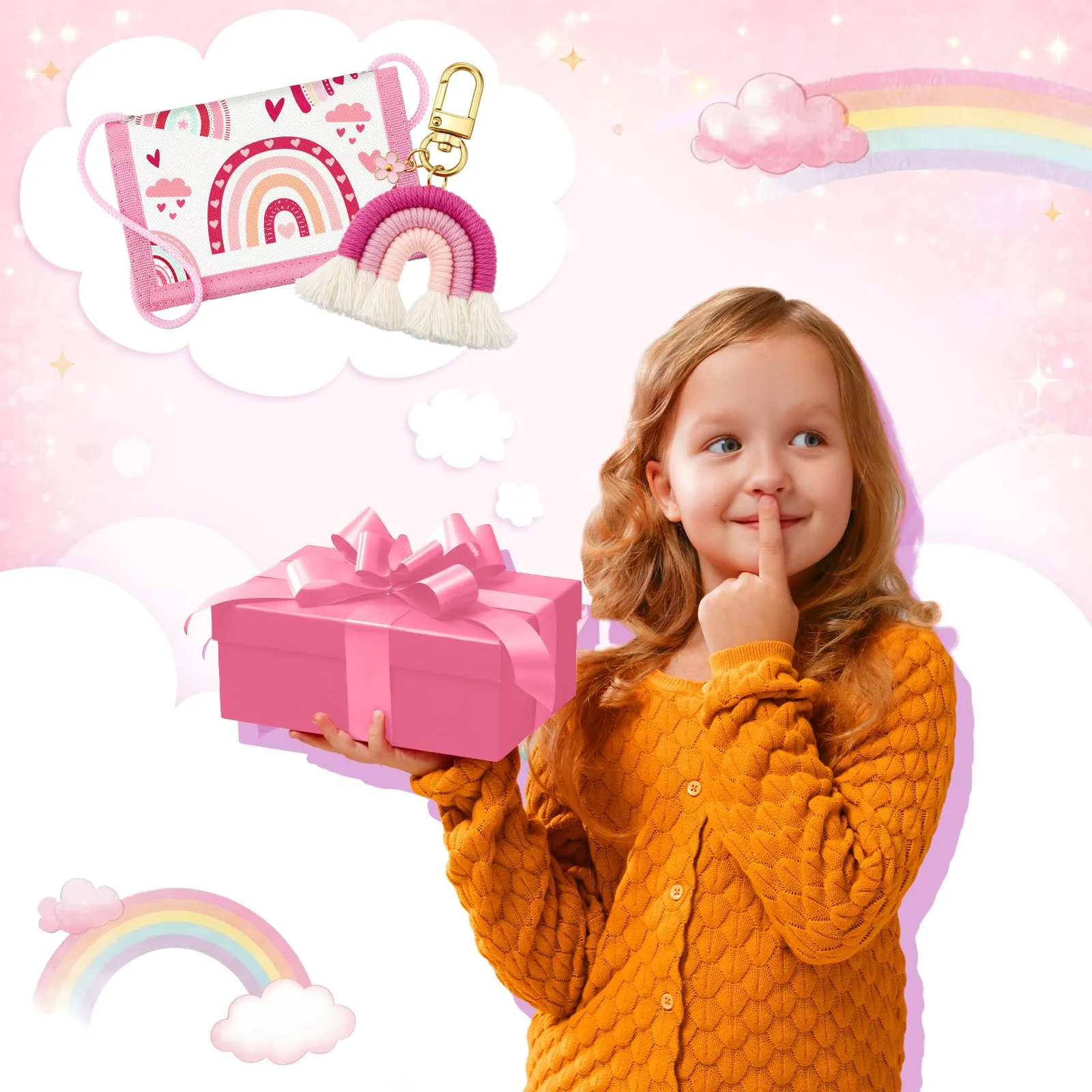 Hestya Portafoglio per Bambini e Ragazzi Portafoglio da Collo a Tre Scomparti con Diverse Fantasie Portamonete da Viaggio con Cordino e Portachiavi Regalo di Compleanno(Arcobaleno Boho - Rosa) - immagine 6